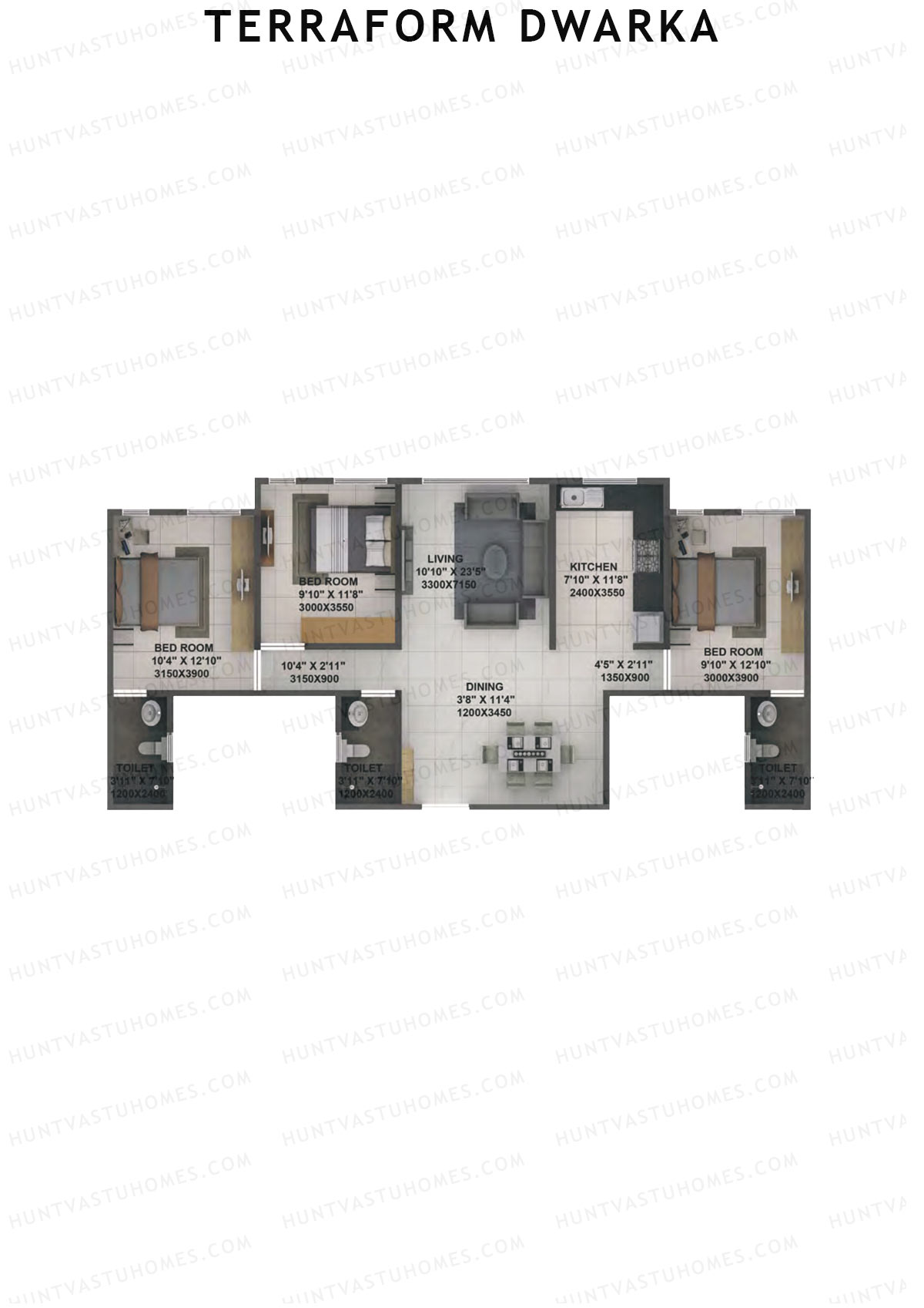 Terraform Dwarka, Wing B, Unit 8, 3BHK, Carpet Area 944   sq ft 