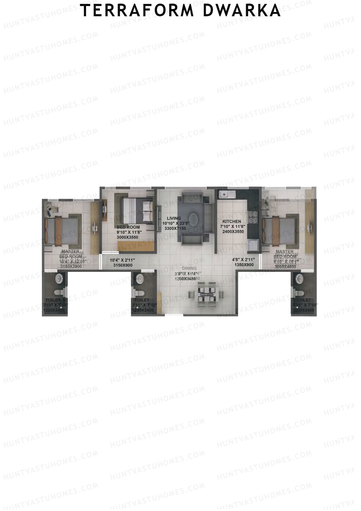 Terraform Dwarka, Wing B, Unit 8A, 3BHK, Carpet Area 968   sq ft 
