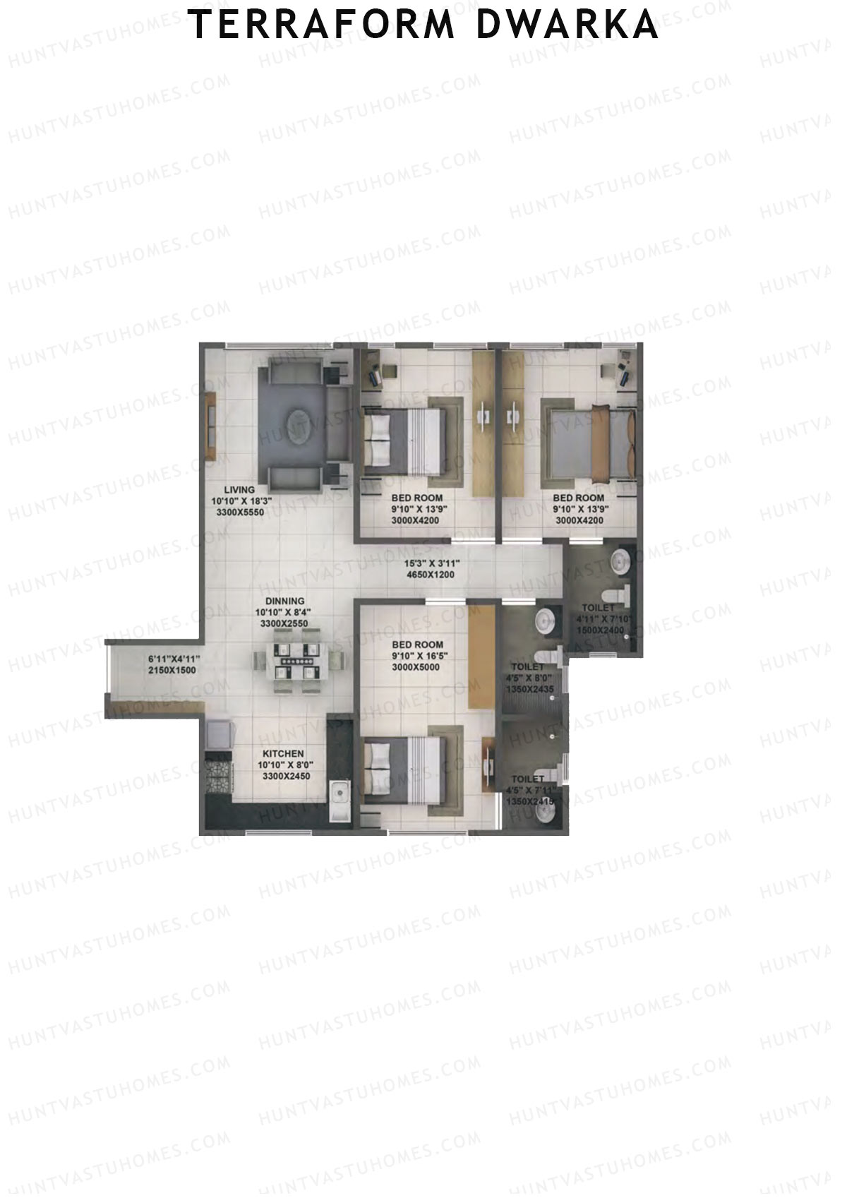 Terraform Dwarka, Wing B, Unit 9, 3BHK, Carpet Area 1071   sq ft 