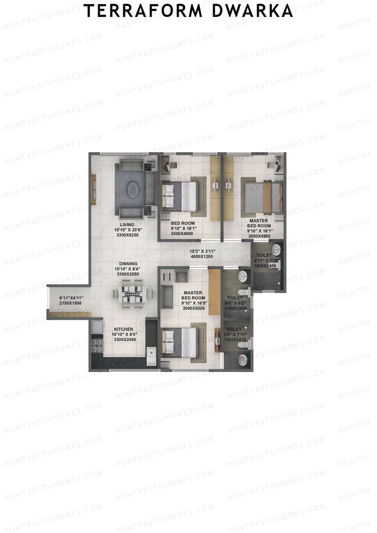 Terraform Dwarka, Wing B, Unit 9A, 3BHK, Carpet Area 1143   sq ft 