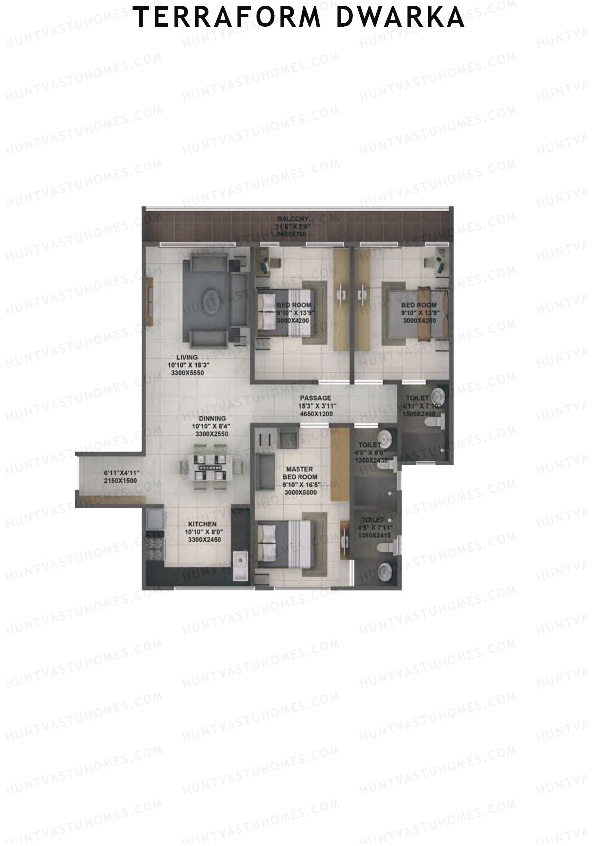 Terraform Dwarka, Wing B, Unit 9B, 3BHK, Carpet Area 1086   sq ft 