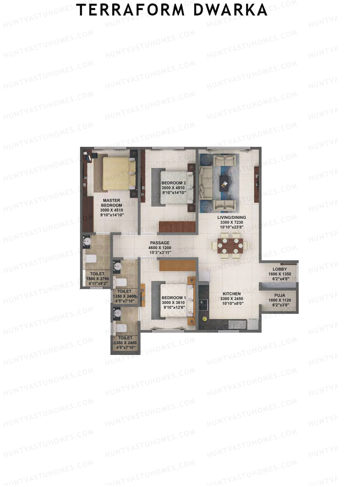 Terraform Dwarka, Wing C, Unit 10, 3BHK, Carpet Area 1048   sq ft 