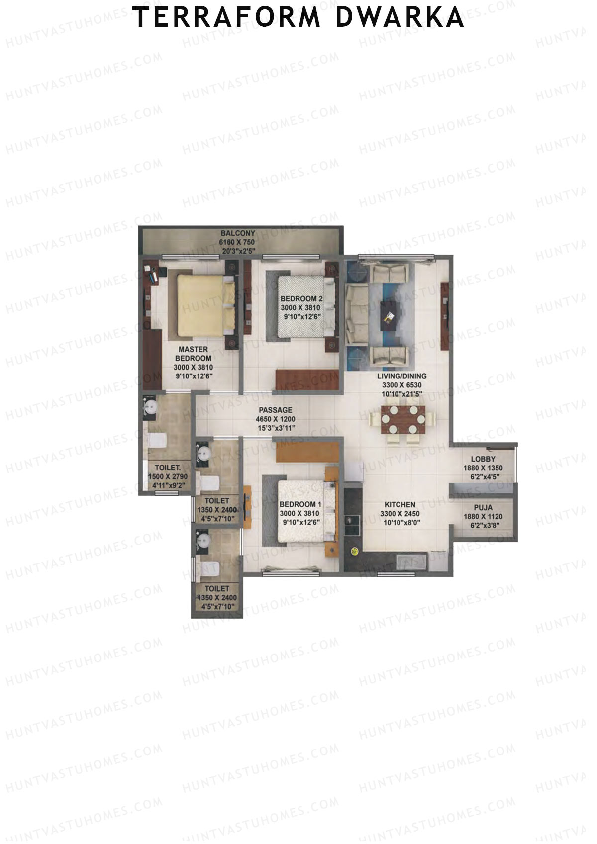 Terraform Dwarka, Wing C, Unit 10B, 3BHK, Carpet Area 986   sq ft 