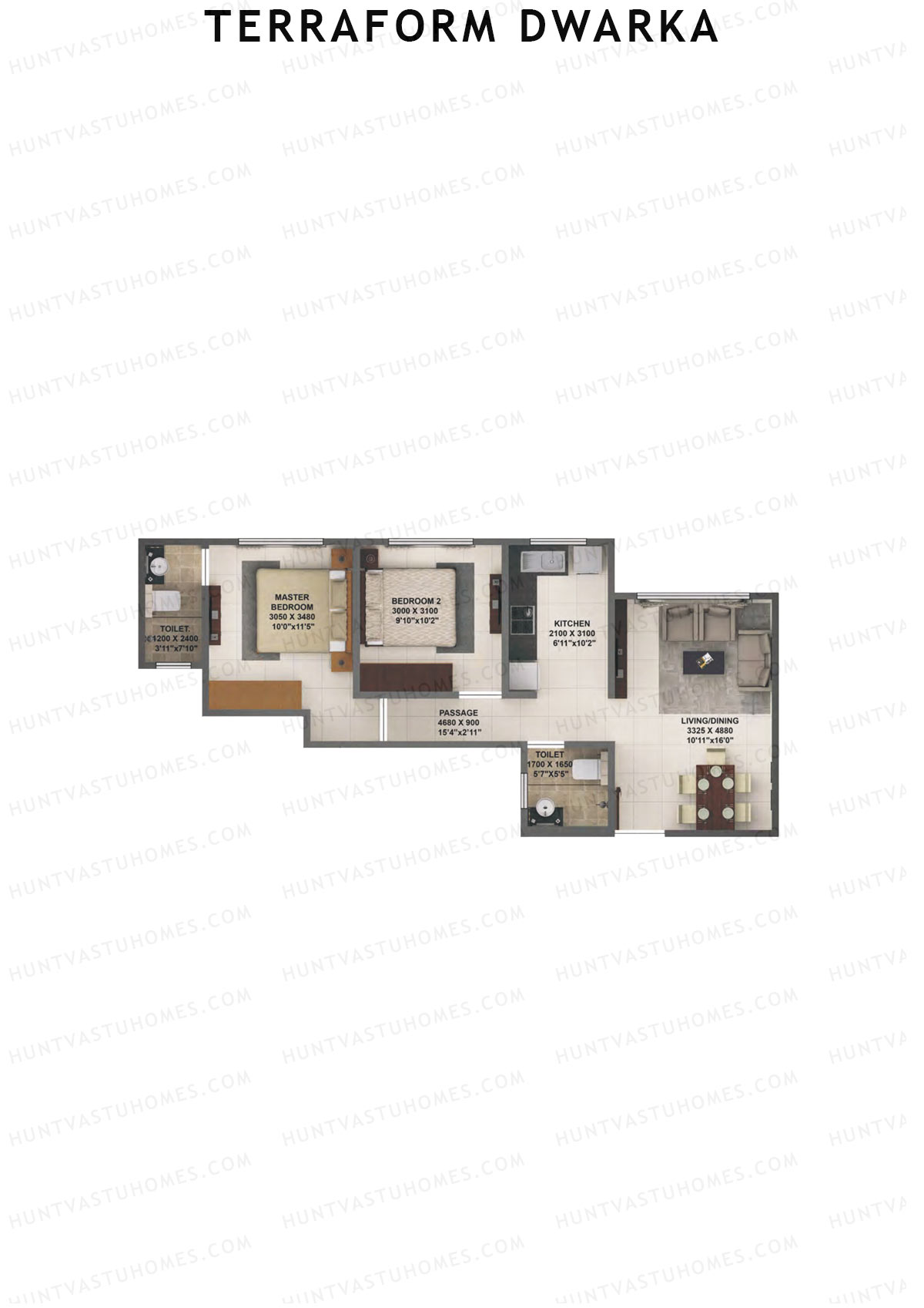 Terraform Dwarka, Wing C, Unit 11, 2BHK, Carpet Area 613   sq ft 