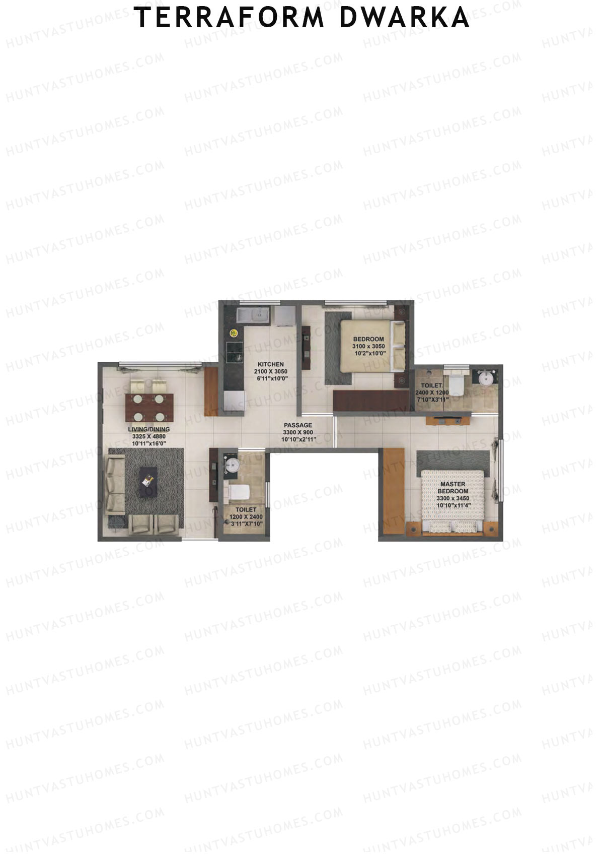 Terraform Dwarka, Wing C, Unit 12, 2BHK, Carpet Area 605   sq ft 