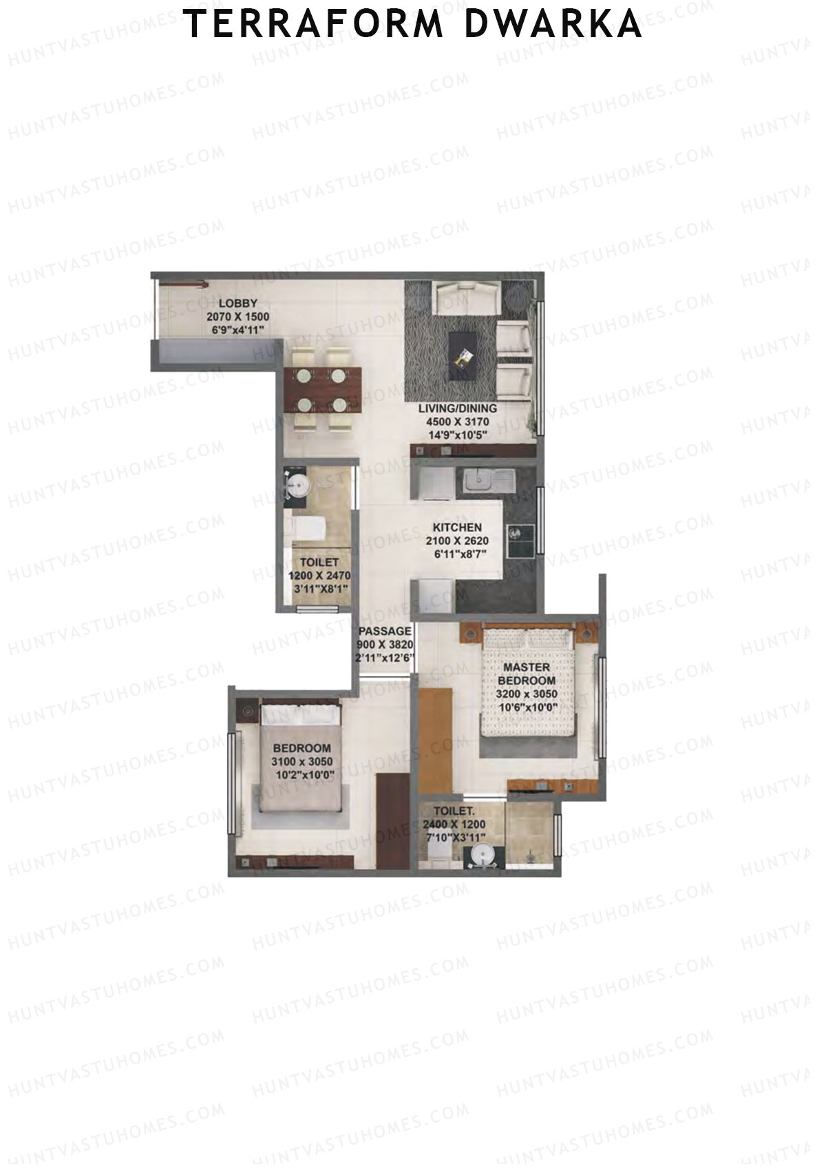 Terraform Dwarka, Wing C, Unit 13, 2BHK, Carpet Area 590   sq ft 