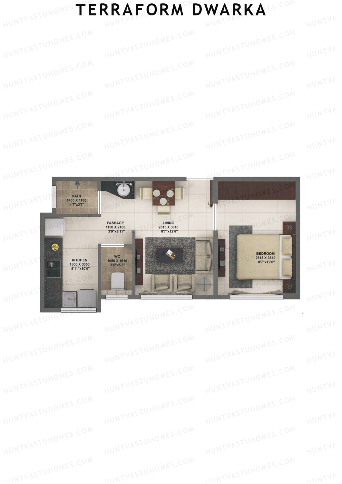 Terraform Dwarka, Wing C, Unit 14, 1BHK, Carpet Area 350   sq ft 