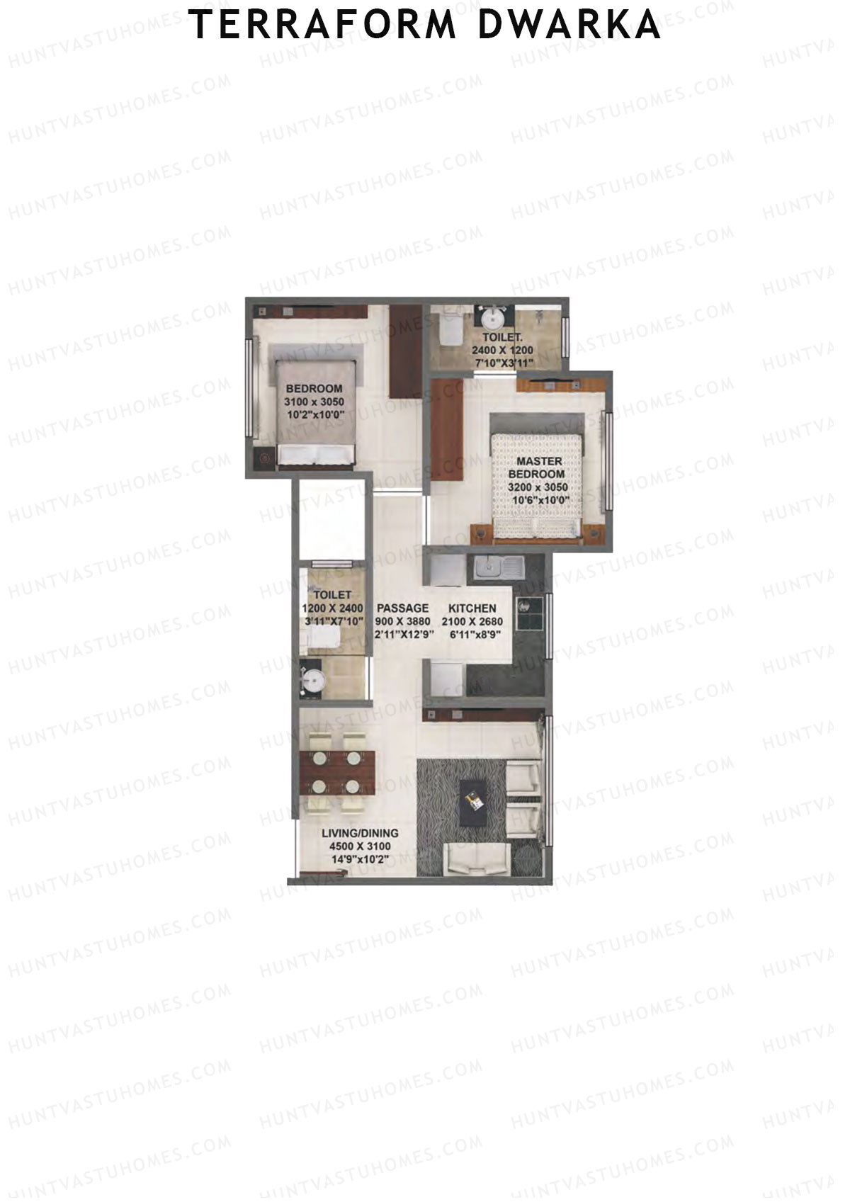 Terraform Dwarka, Wing D, Unit 15, 2BHK, Carpet Area 551   sq ft 