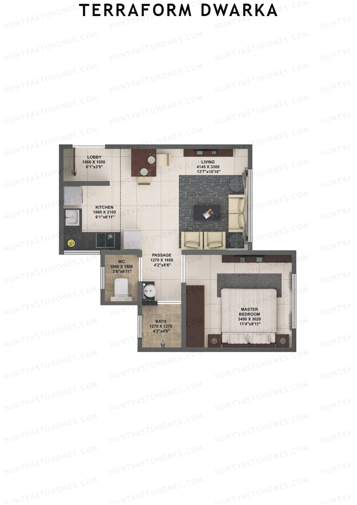 Terraform Dwarka, Wing D, Unit 16, 1BHK, Carpet Area 400   sq ft 
