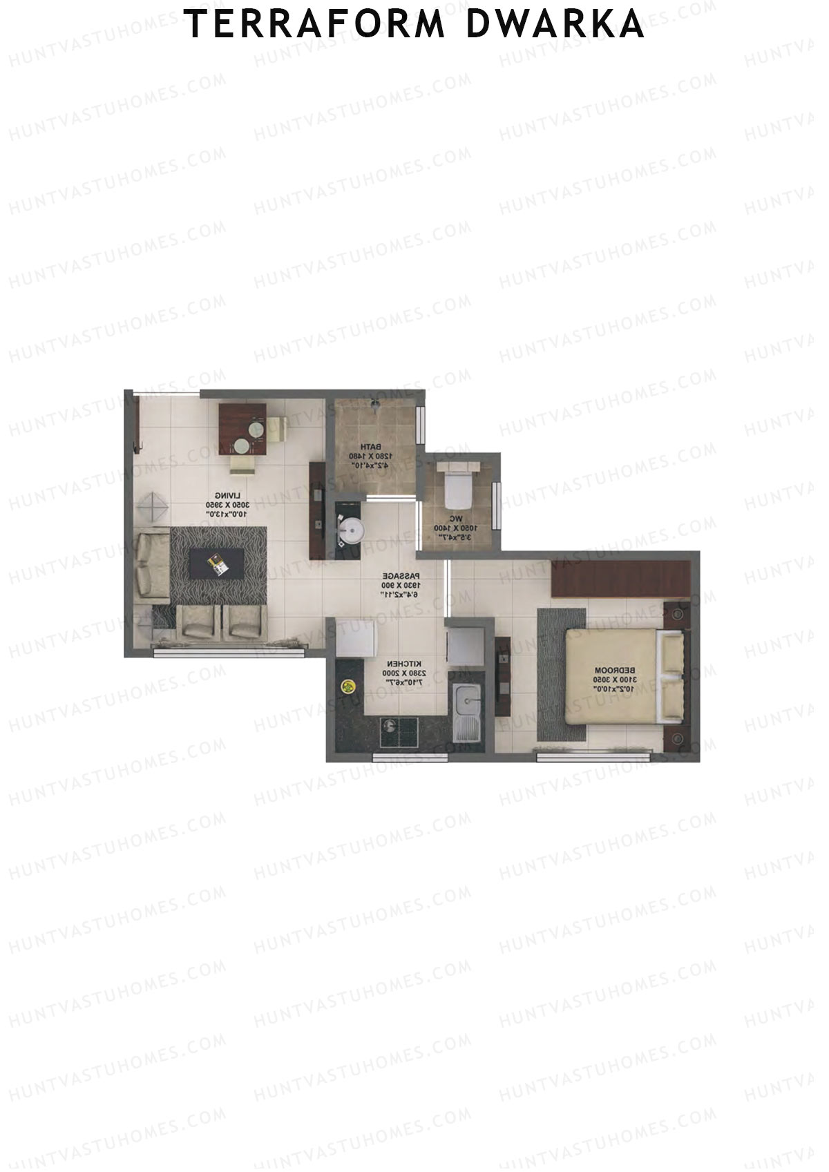 Terraform Dwarka, Wing D, Unit 17, 1BHK, Carpet Area 377   sq ft 