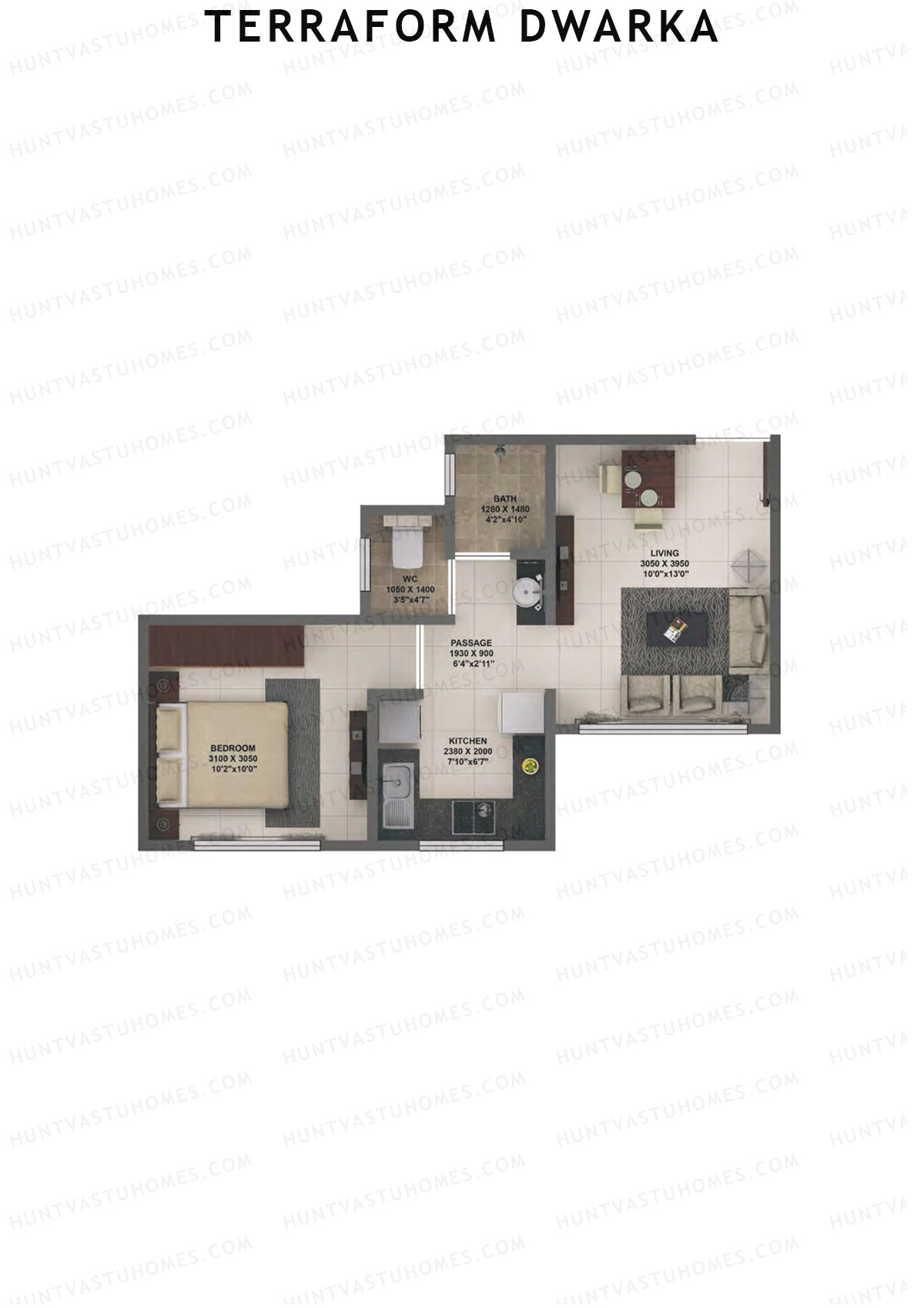 Terraform Dwarka, Wing D, Unit 18, 1BHK, Carpet Area 377   sq ft 