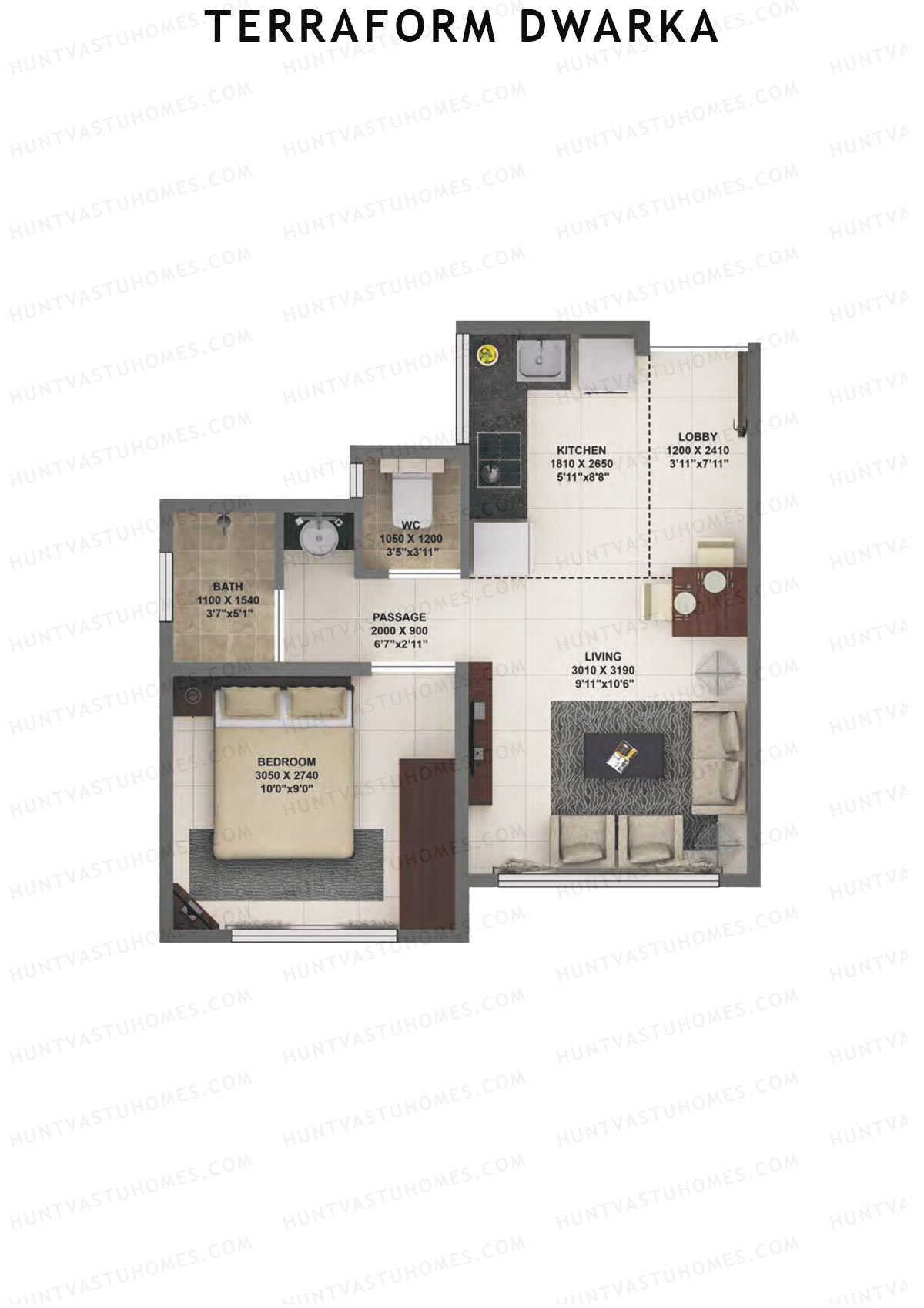 Terraform Dwarka, Wing D, Unit 19, 1BHK, Carpet Area 349   sq ft 