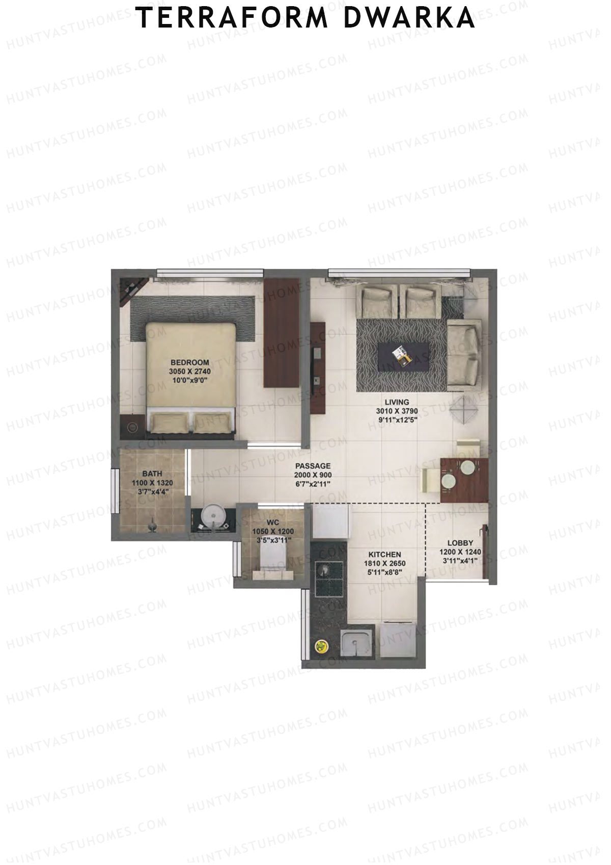 Terraform Dwarka, Wing D, Unit 20, 1BHK, Carpet Area 349   sq ft 