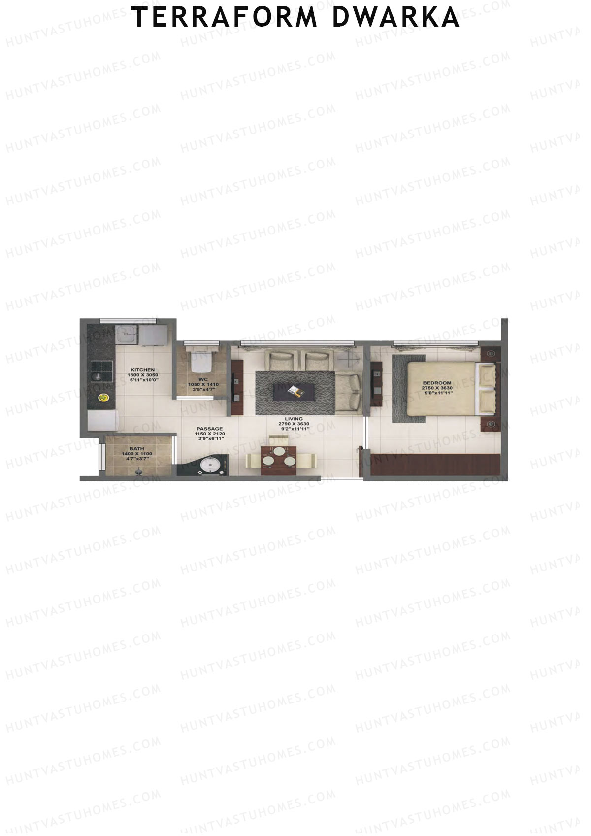 Terraform Dwarka, Wing D, Unit 21, 1BHK, Carpet Area 350   sq ft 