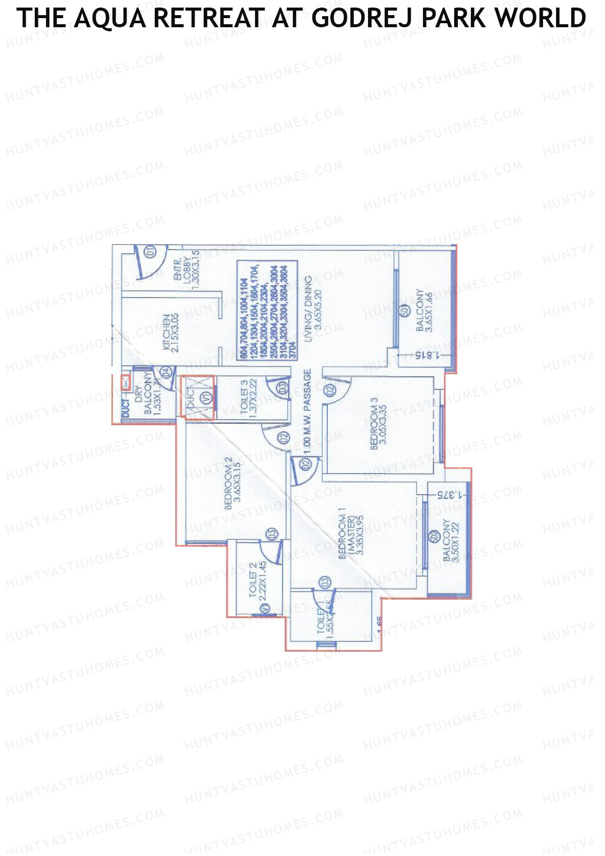 The Aqua Retreat at Godrej Park World, Tower 1 Wing A, Unit 2, 3BHK, Carpet Area 1081   sq ft 