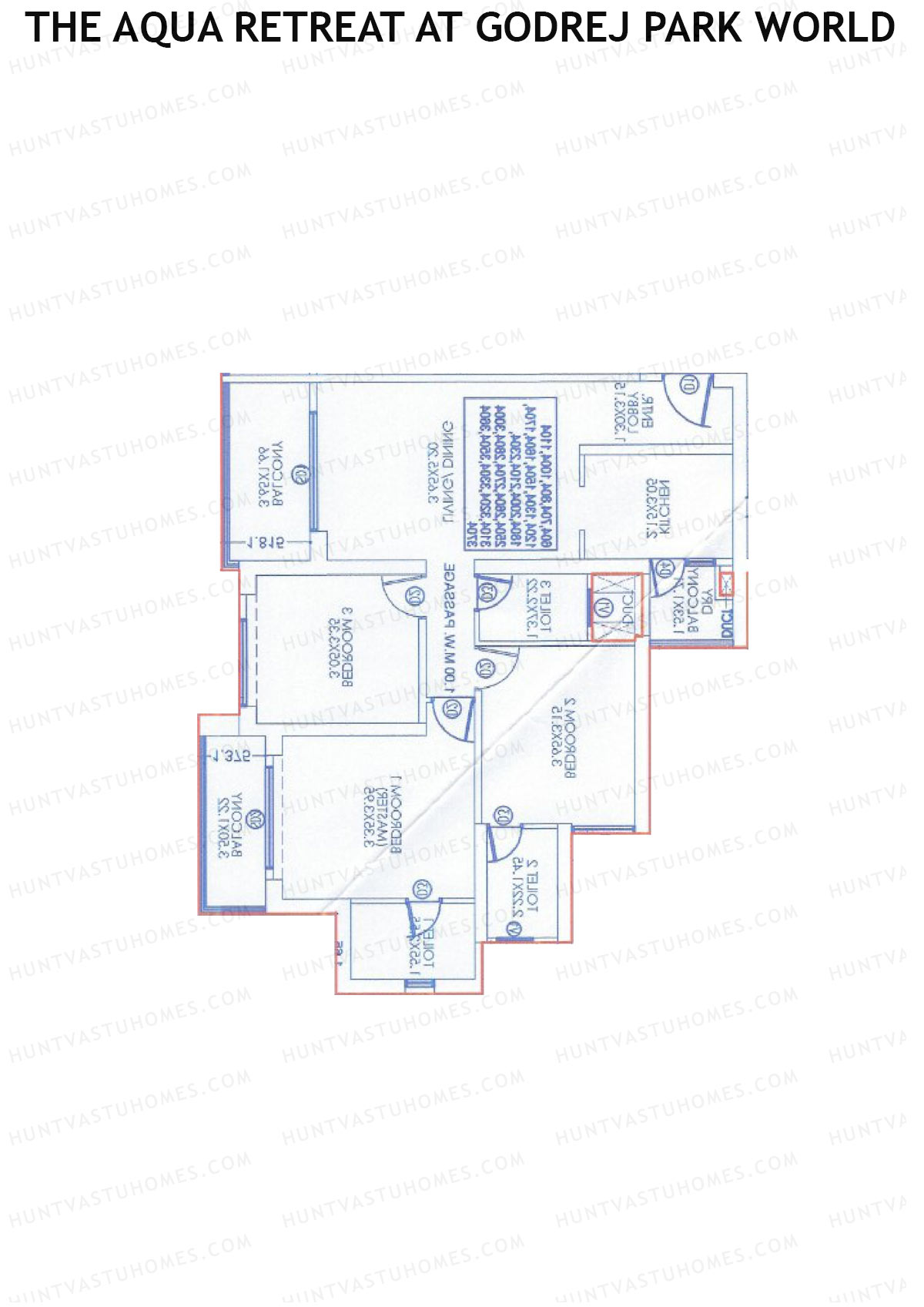 The Aqua Retreat at Godrej Park World, Tower 1 Wing A, Unit 3, 3BHK, Carpet Area 1081   sq ft 