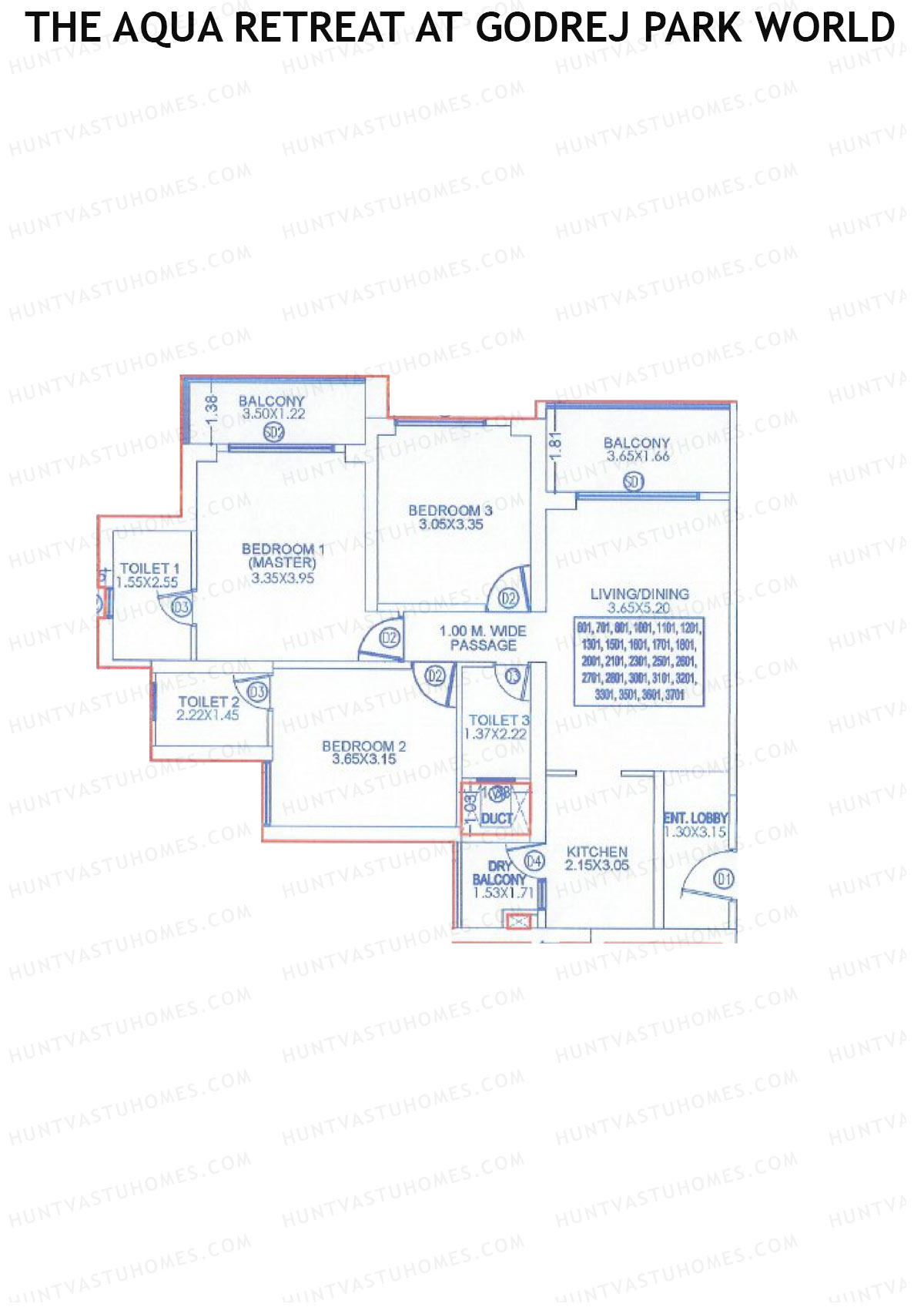 The Aqua Retreat at Godrej Park World, Tower 5 Wing J, Unit 1, 3BHK, Carpet Area 1081   sq ft 