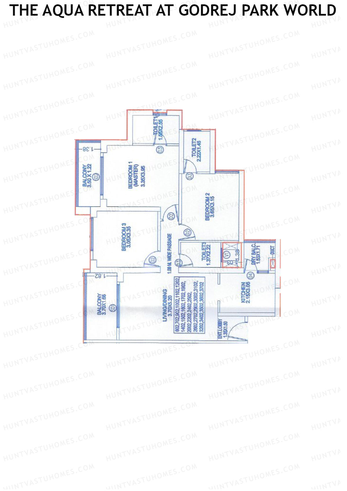 The Aqua Retreat at Godrej Park World, Tower 6 Wing K, Unit 2, 3BHK, Carpet Area 1059   sq ft 