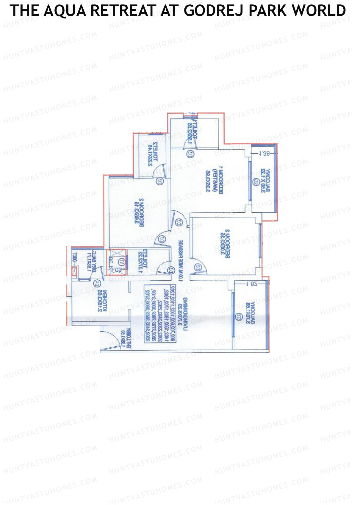 The Aqua Retreat at Godrej Park World, Tower 6 Wing K, Unit 3, 3BHK, Carpet Area 1059   sq ft 
