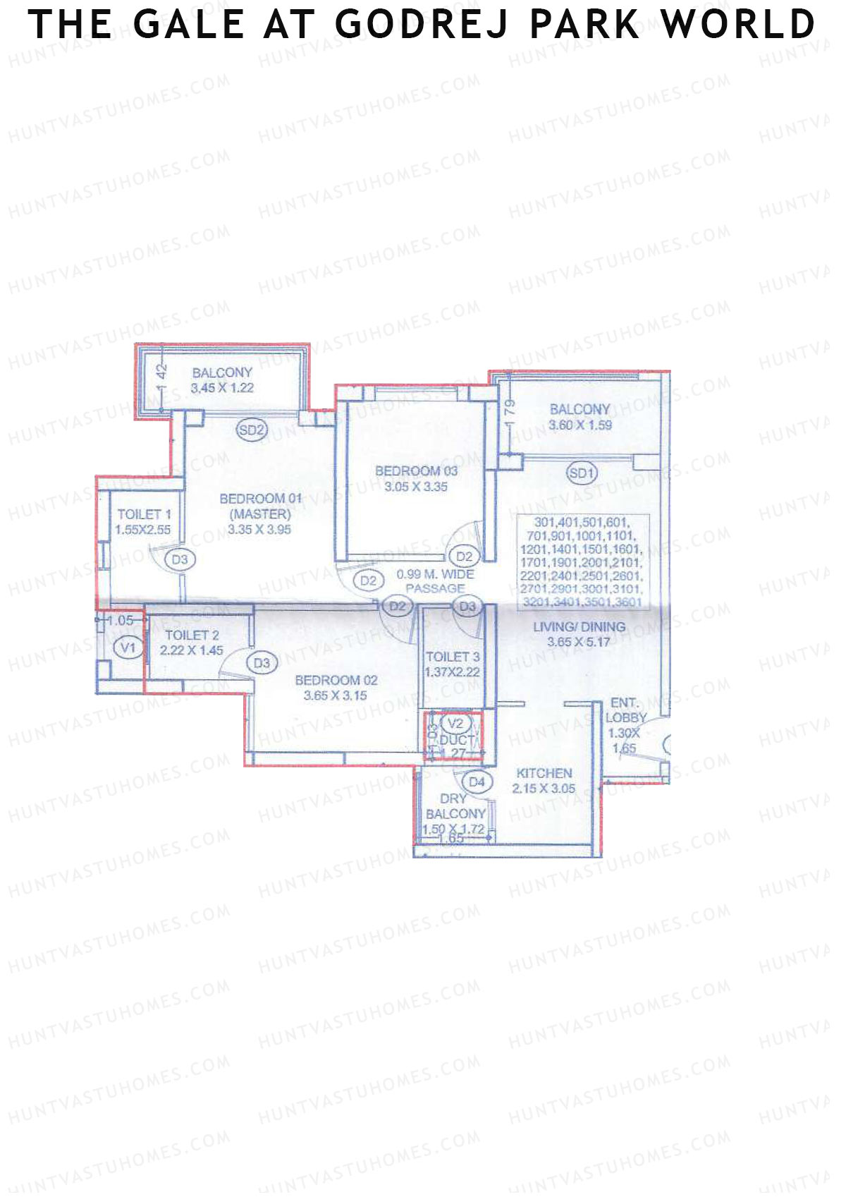 The Gale At Godrej Park World, Tower 1 Wing A, Unit 1, 3BHK, Carpet Area 908   sq ft 