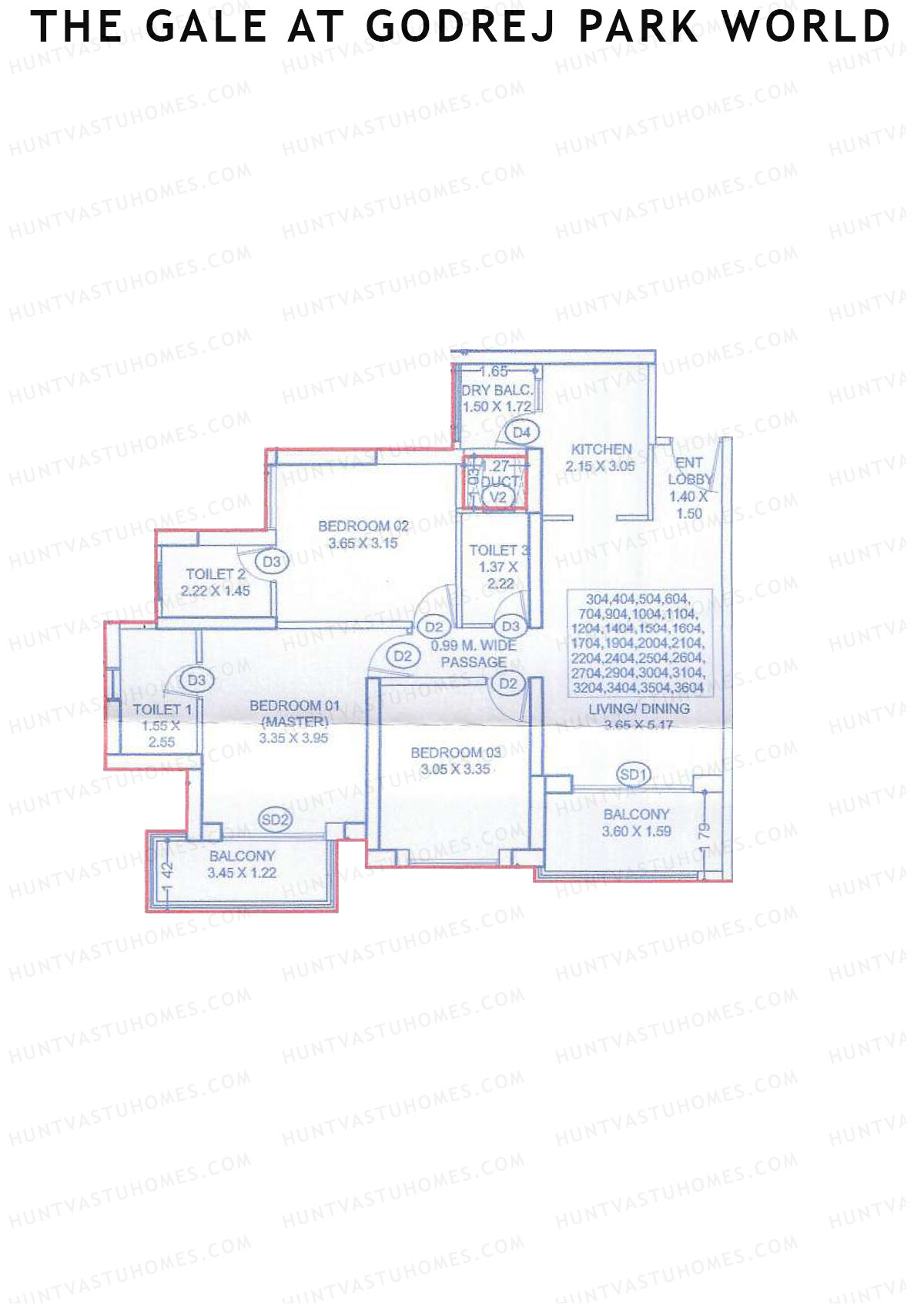 The Gale At Godrej Park World, Tower 1 Wing A, Unit 4, 3BHK, Carpet Area 905   sq ft 