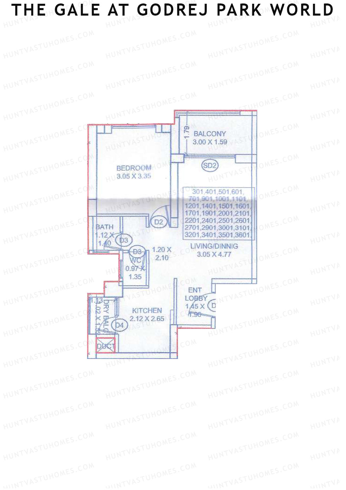 The Gale At Godrej Park World, Tower 2 Wing D, Unit 1, 1BHK, Carpet Area 485   sq ft 