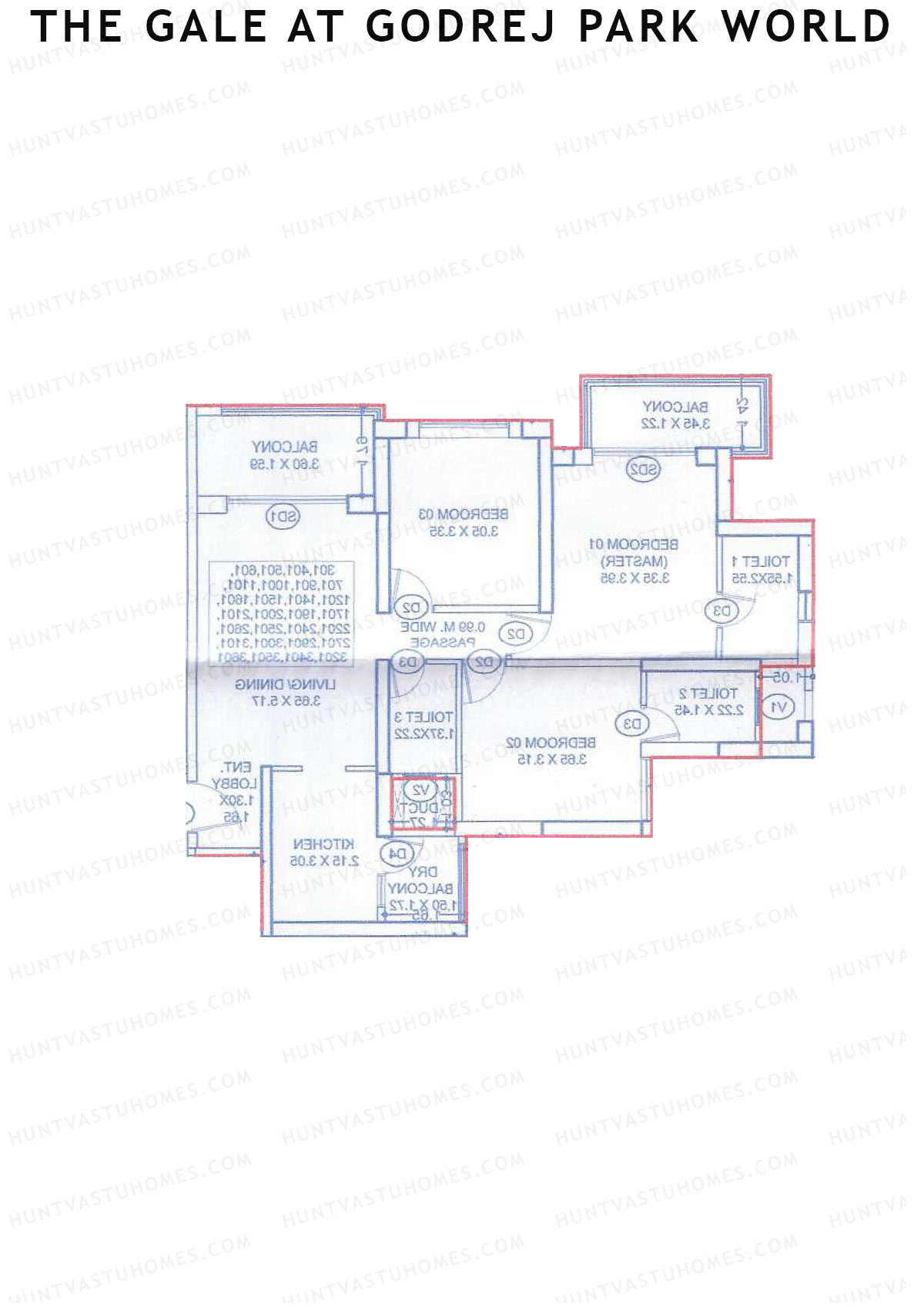 The Gale At Godrej Park World, Tower 2 Wing D, Unit 2, 3BHK, Carpet Area 908   sq ft 