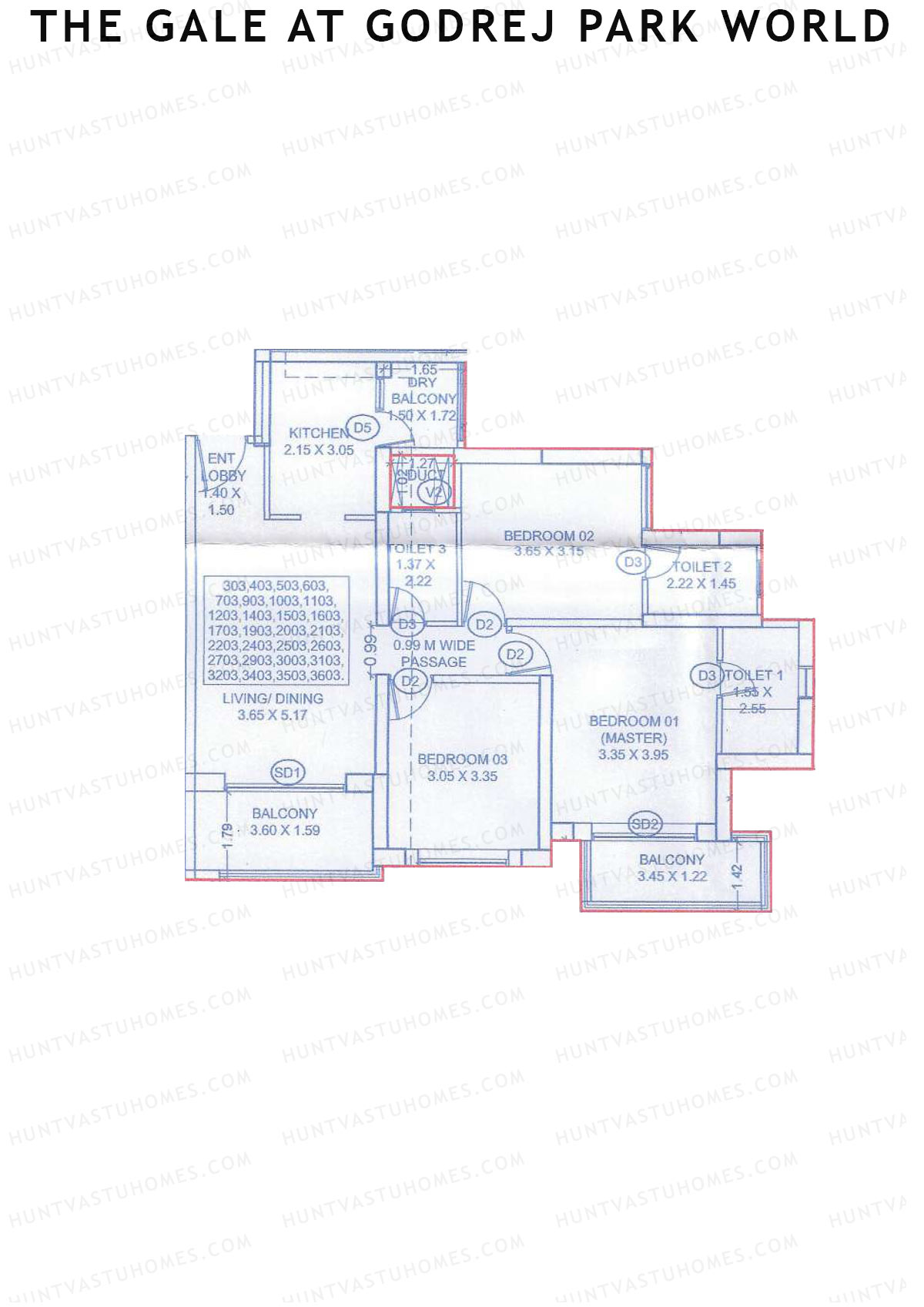 The Gale At Godrej Park World, Tower 2 Wing D, Unit 3, 3BHK, Carpet Area 905   sq ft 