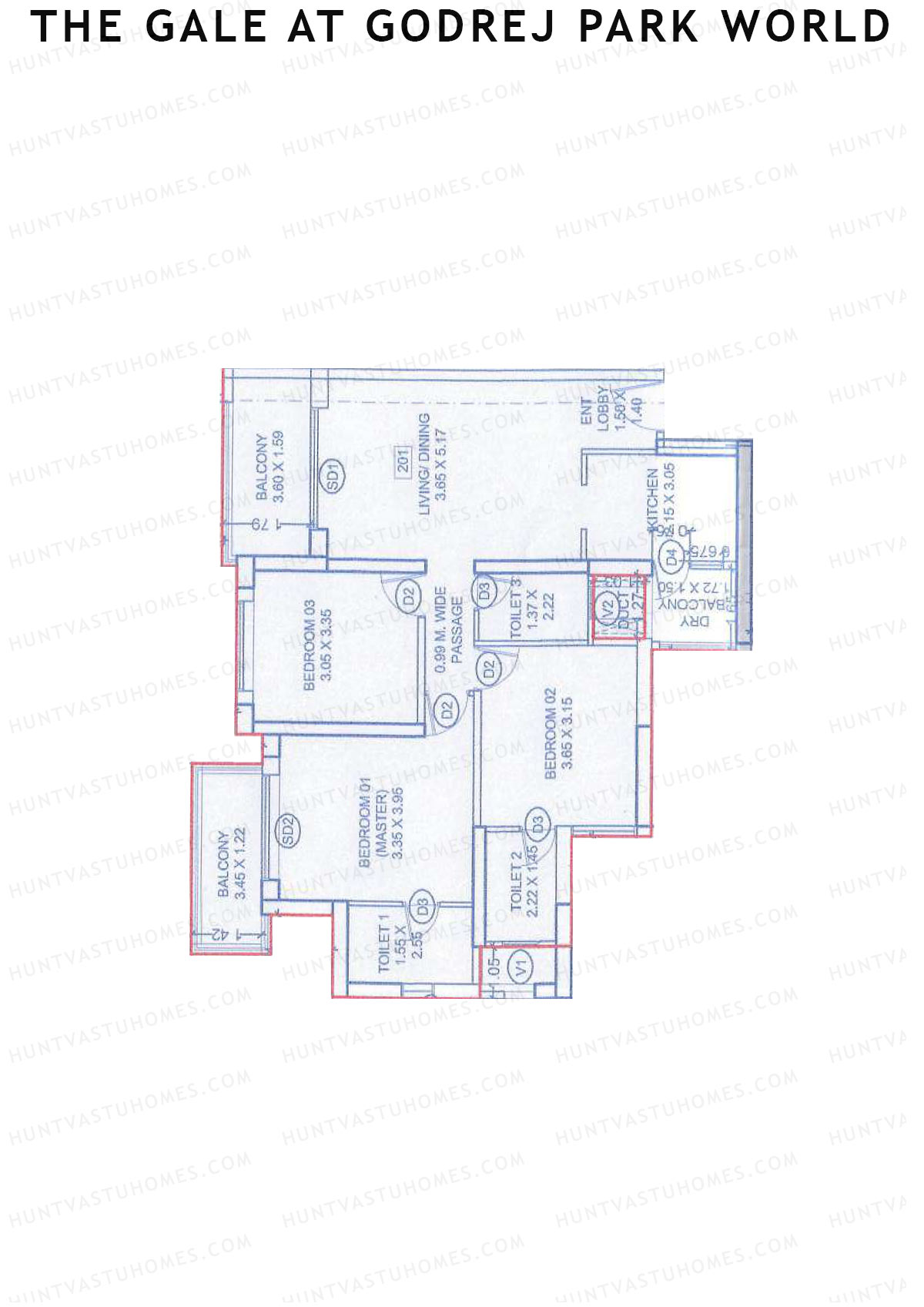 The Gale At Godrej Park World, Tower 3 Wing E, Unit 1, 3BHK, Carpet Area 905   sq ft 