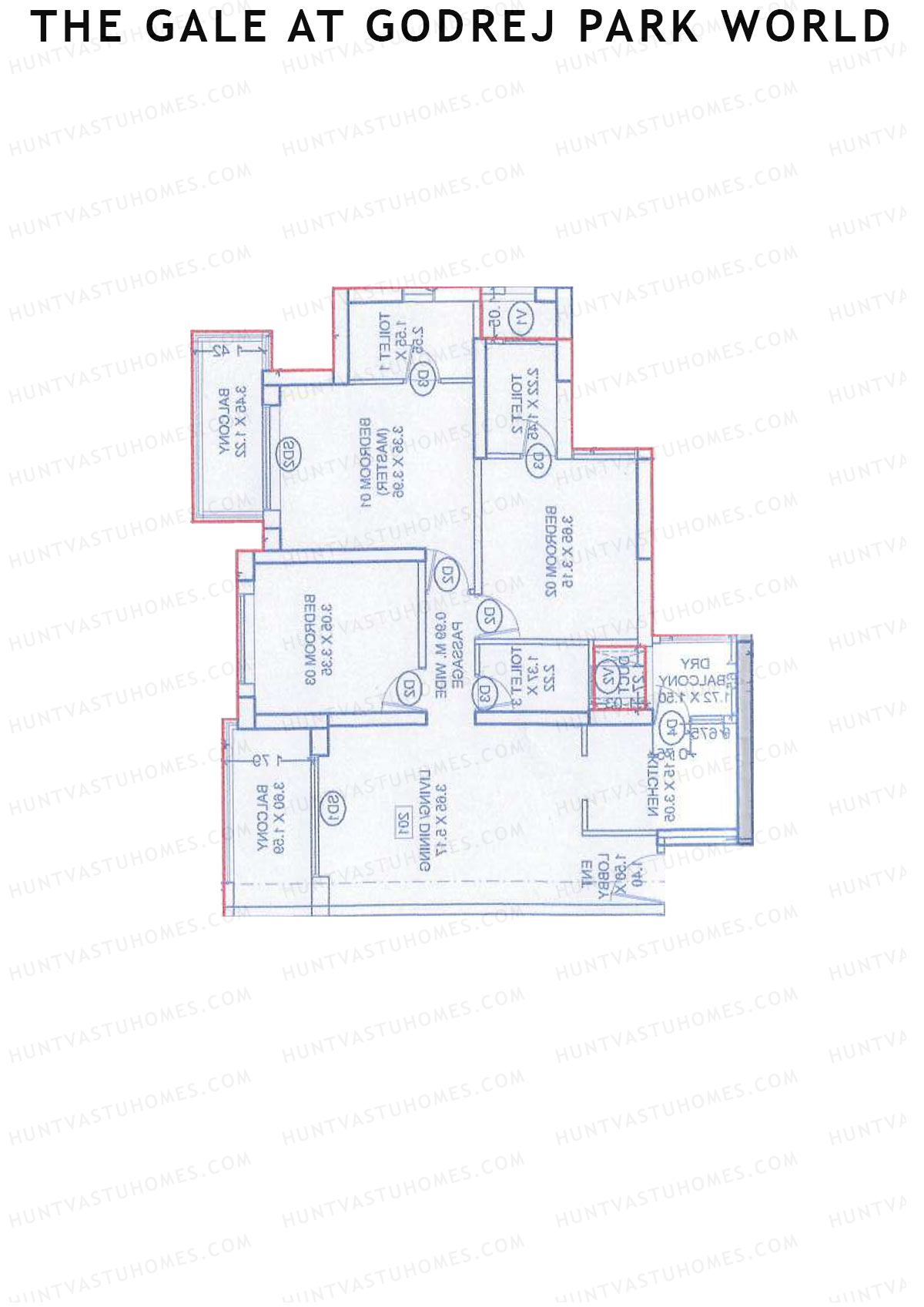 The Gale At Godrej Park World, Tower 3 Wing F, Unit 2, 3BHK, Carpet Area 905   sq ft 