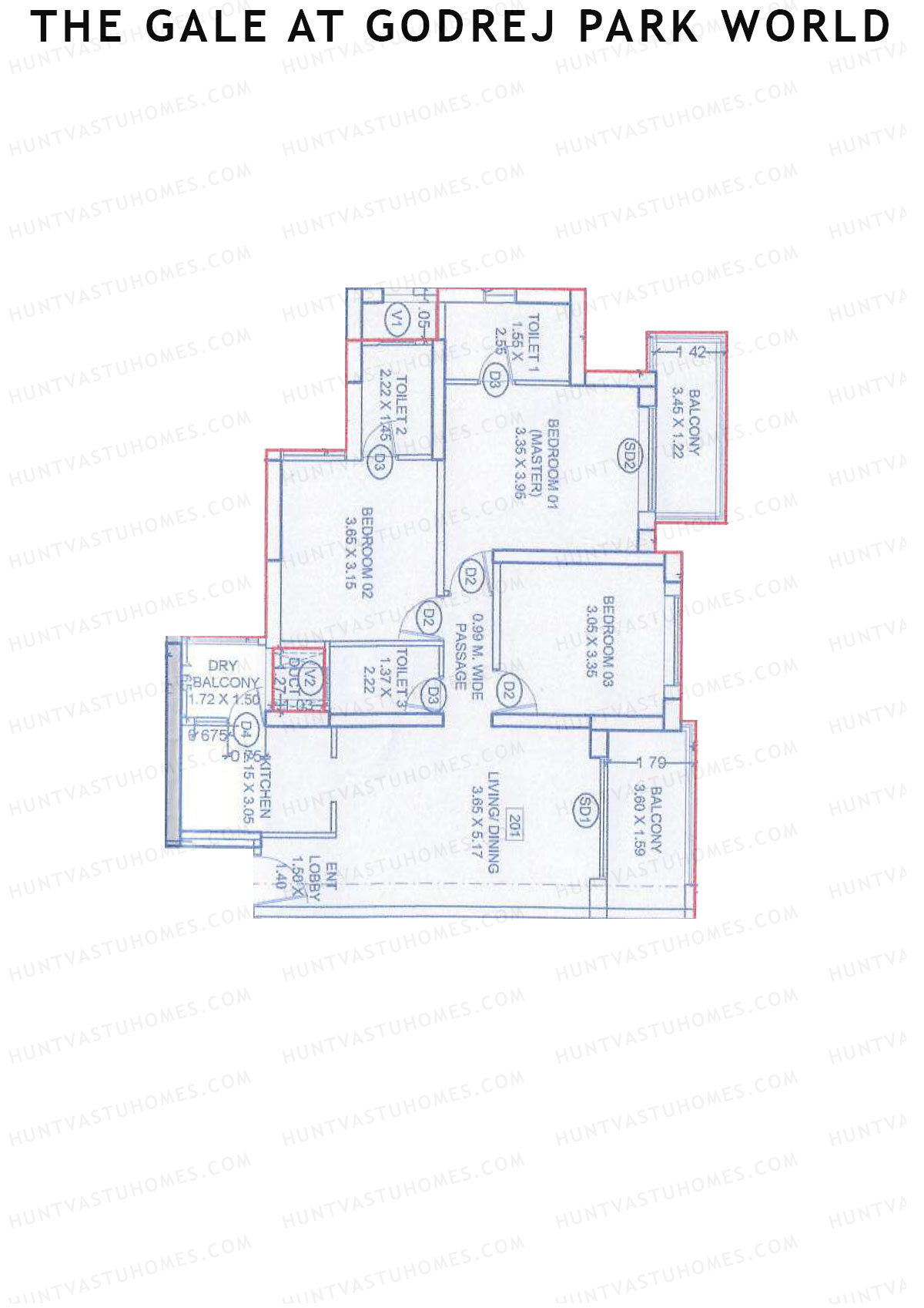 The Gale At Godrej Park World, Tower 5 Wing J, Unit 3, 3BHK, Carpet Area 905   sq ft 