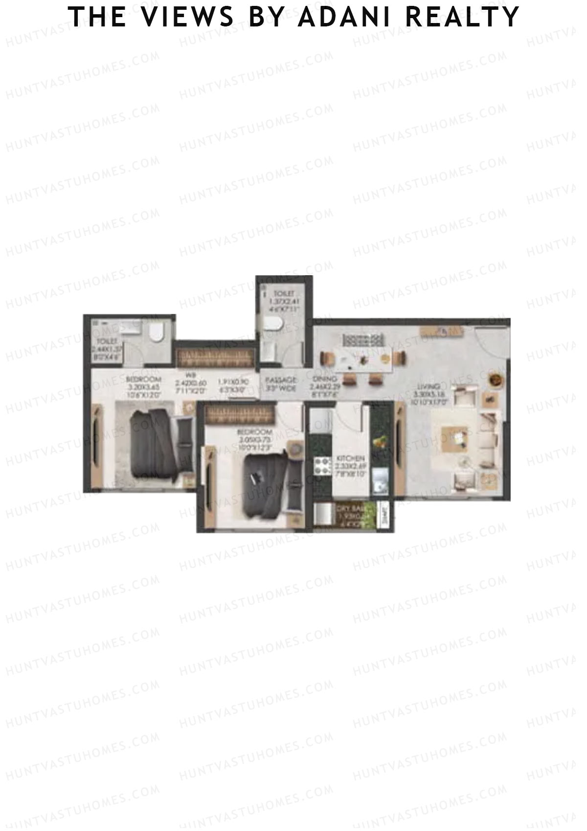 The Views By Adani Realty, Tower A Sunrise, Unit 1, 2BHK, Carpet Area 755   sq ft 