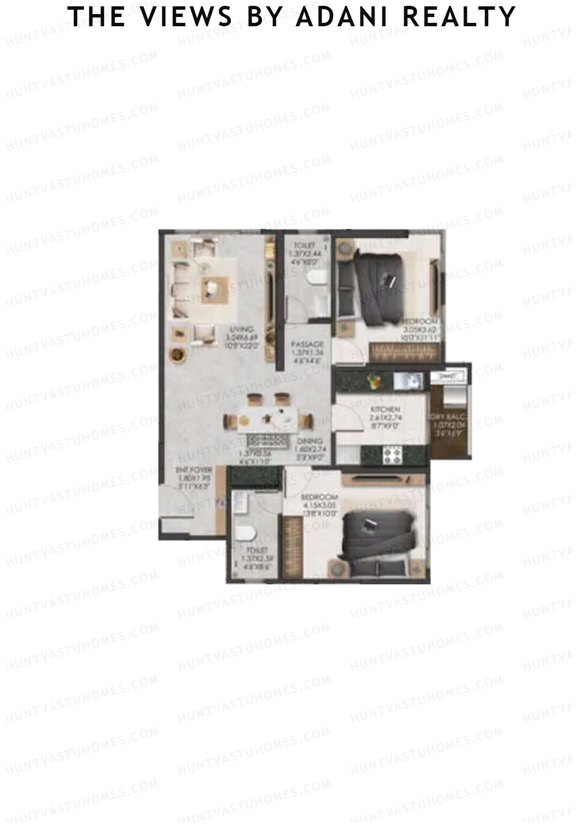The Views By Adani Realty, Tower A Sunrise, Unit 4, 2BHK, Carpet Area 835   sq ft 