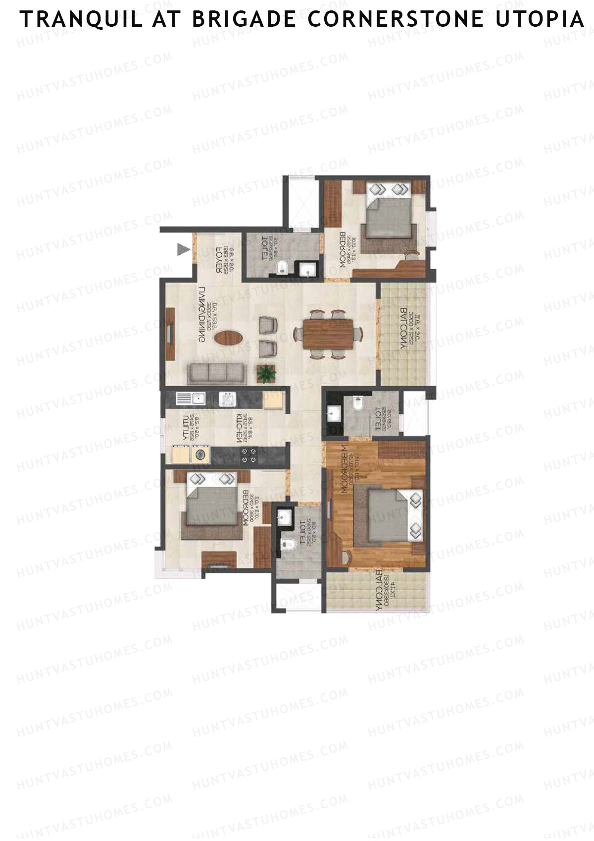 Tranquil At Brigade Cornerstone Utopia, Block K, Unit 2, 3BHK, Super Area 1667   sq ft 
