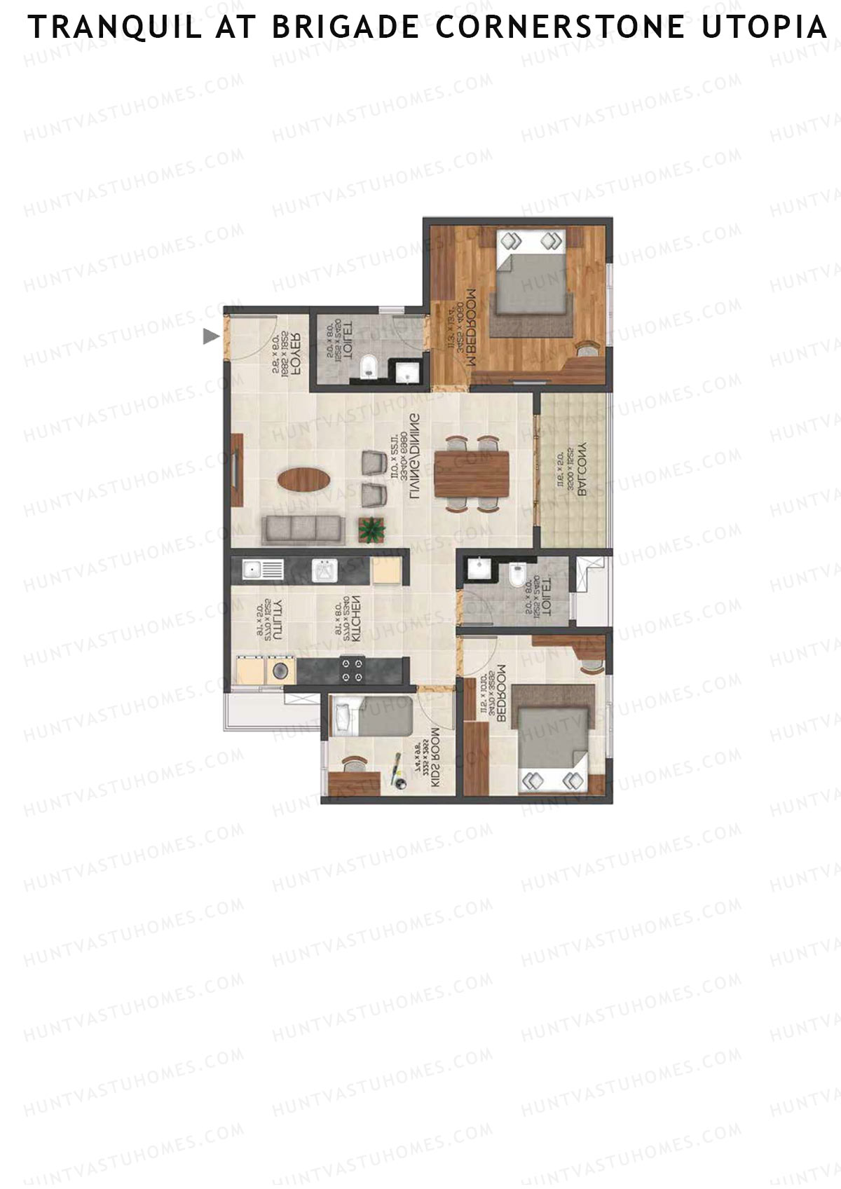 Tranquil At Brigade Cornerstone Utopia, Block L, Unit 7, 3BHK, Super Area 1404   sq ft 