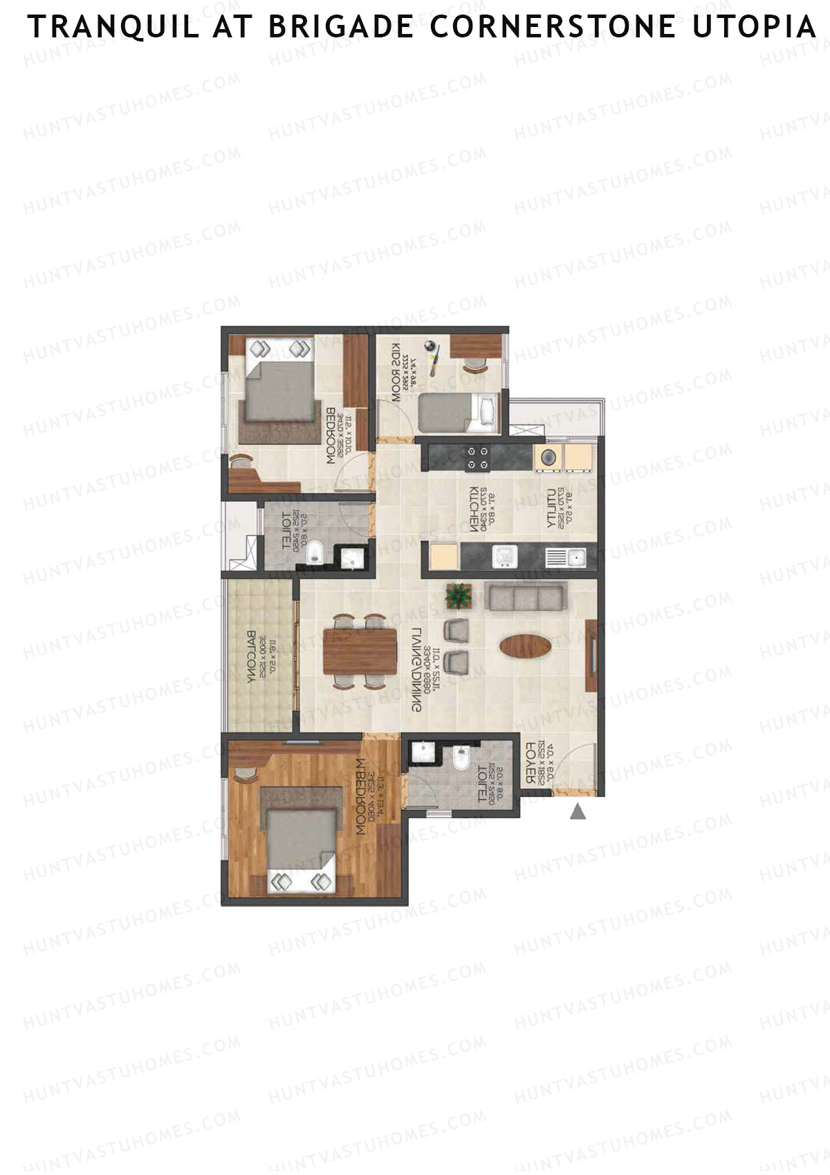 Tranquil At Brigade Cornerstone Utopia, Block L, Unit 9, 3BHK, Super Area 1389   sq ft 