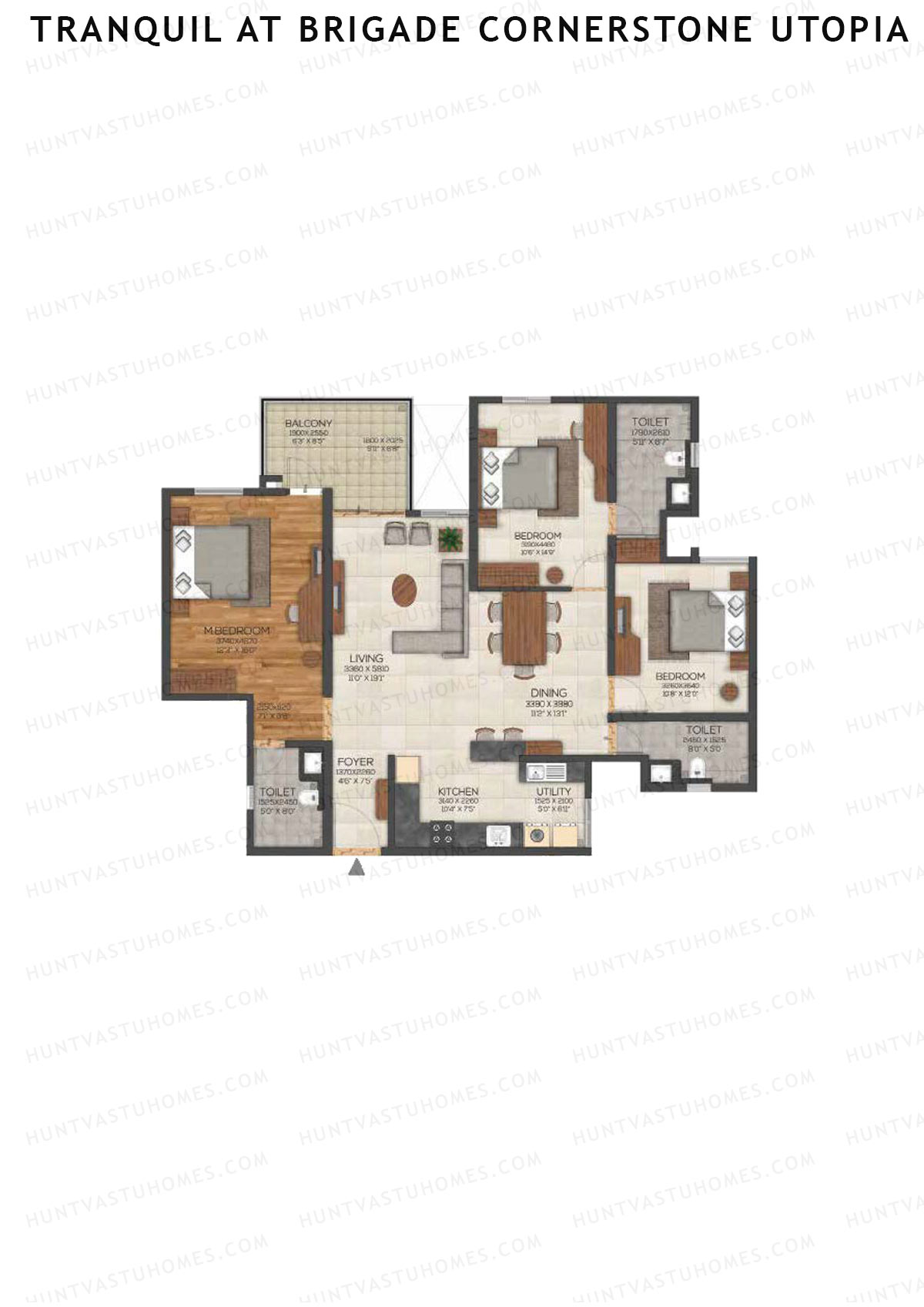 Tranquil At Brigade Cornerstone Utopia, Block M, Unit 15, 3BHK, Super Area 1897   sq ft 