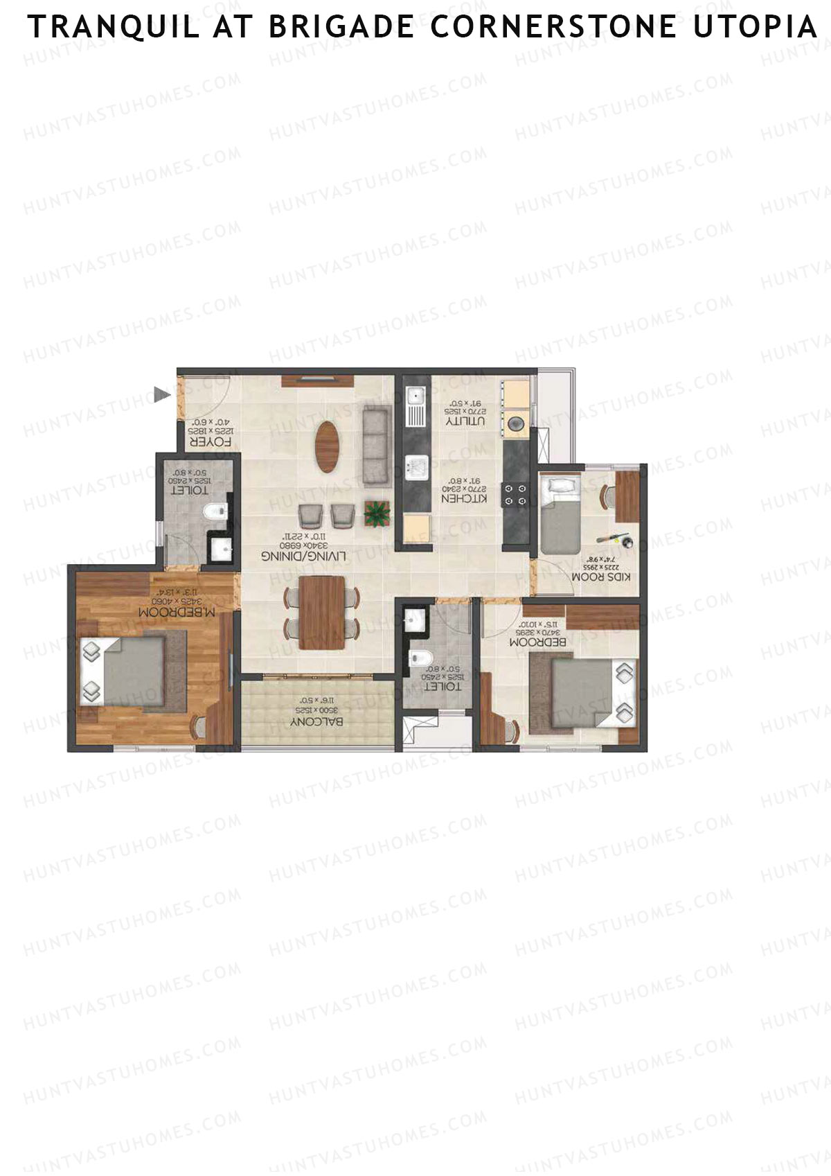 Tranquil At Brigade Cornerstone Utopia, Block N, Unit 20, 3BHK, Super Area 1389   sq ft 
