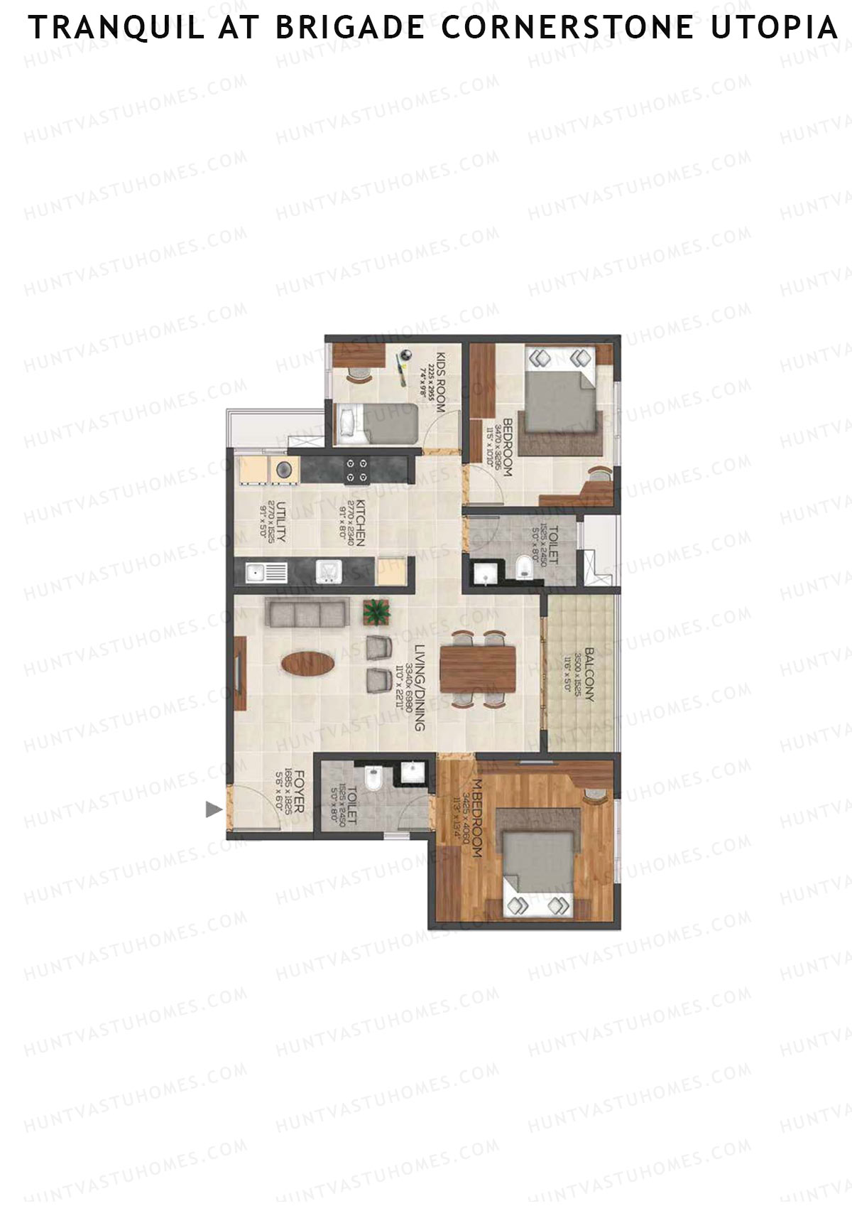 Tranquil At Brigade Cornerstone Utopia, Block P, Unit 27, 3BHK, Super Area 1404   sq ft 