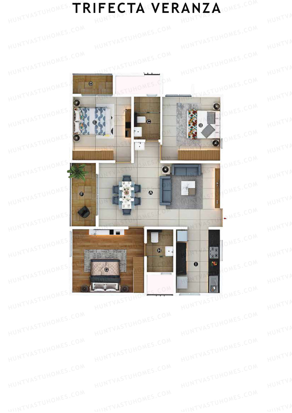 Trifecta Veranza, Tower A, Unit 3, 3BHK, Super Area 1495   sq ft 