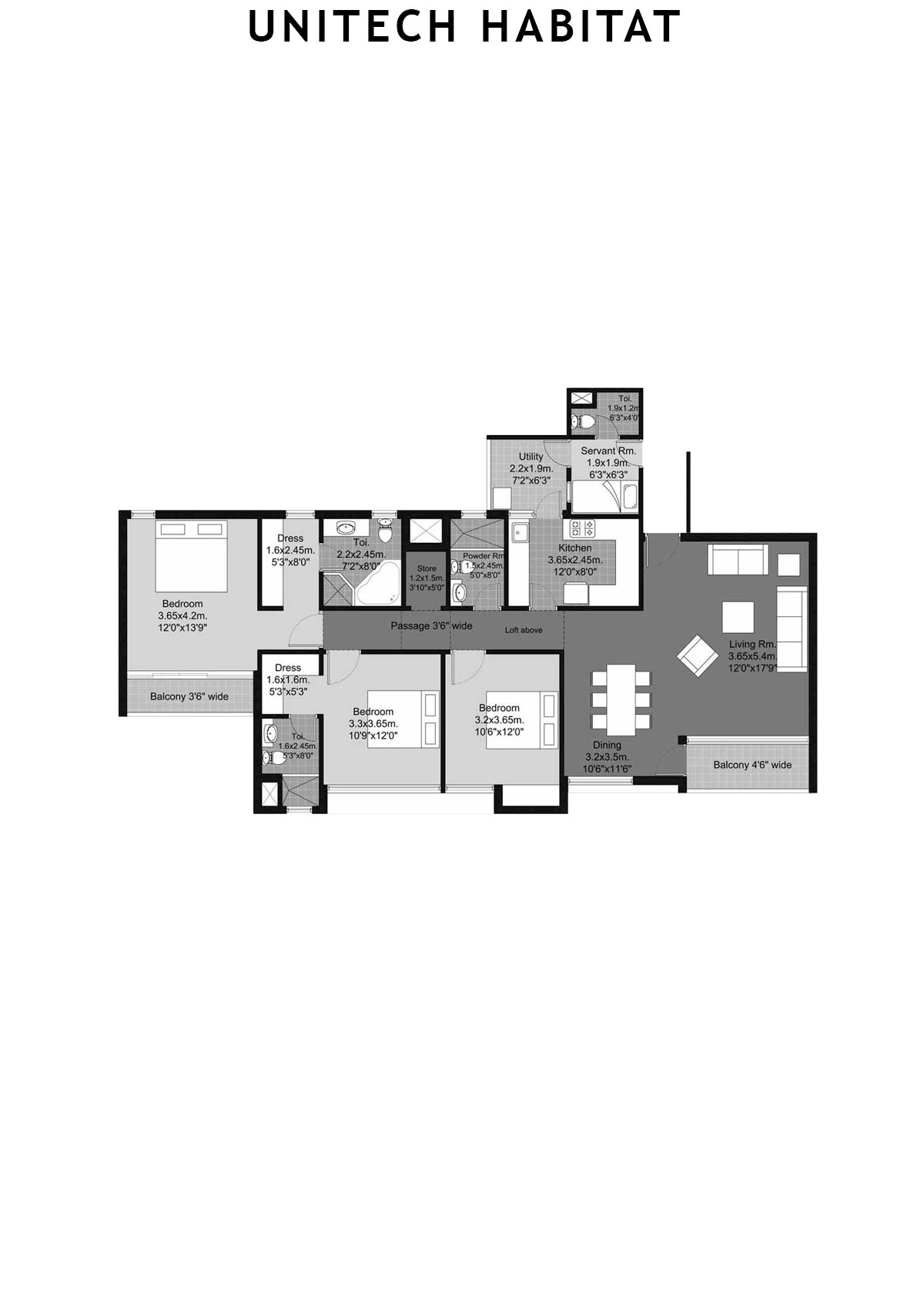 Unitech Habitat Tower 14 Unit 1 (Type 3A) Floor Plan
