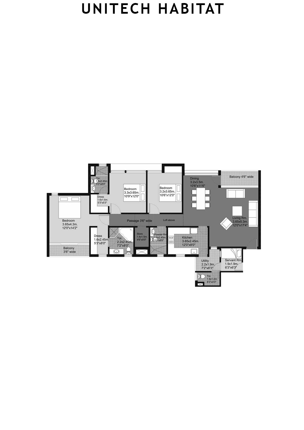 Unitech Habitat Tower 14 Unit 2 (Type 3B) Floor Plan
