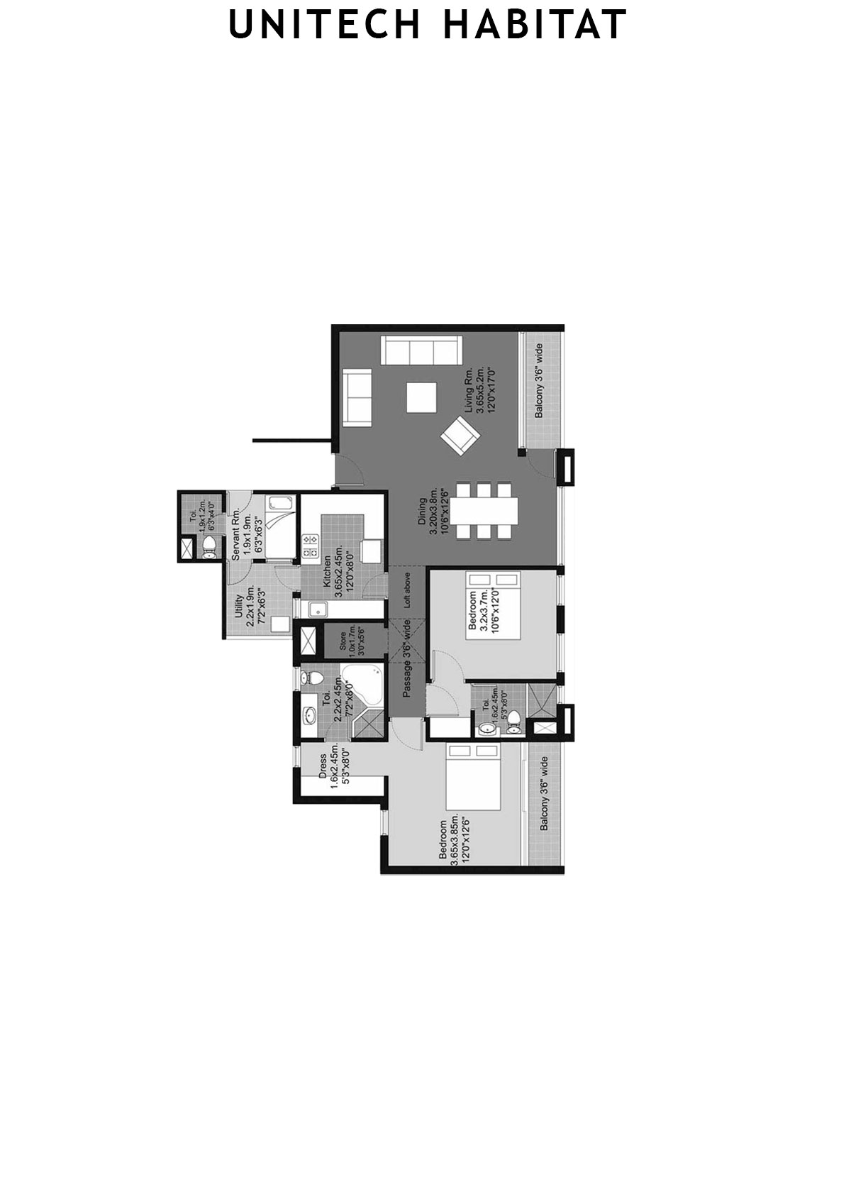 Unitech Habitat Tower 19 Unit 1 (Type 2A) Floor Plan