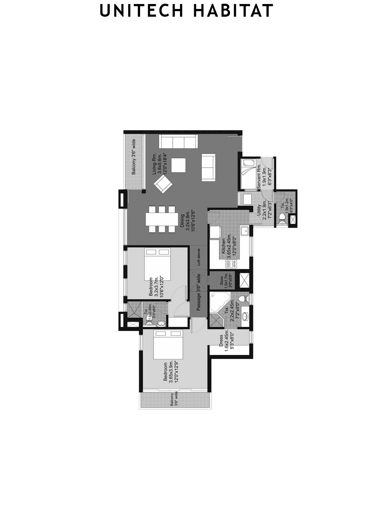 Unitech Habitat Tower 19 Unit 2 (Type 2B) Floor Plan