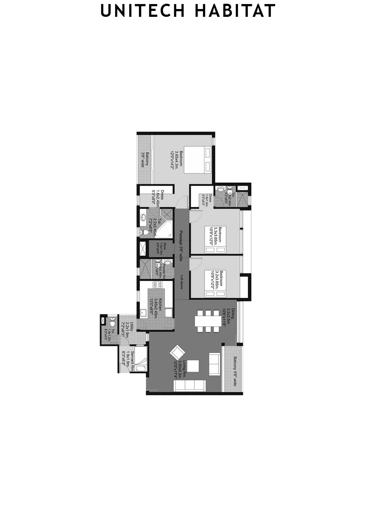 Unitech Habitat Tower 1 Unit 2 (Type 3B) Floor Plan