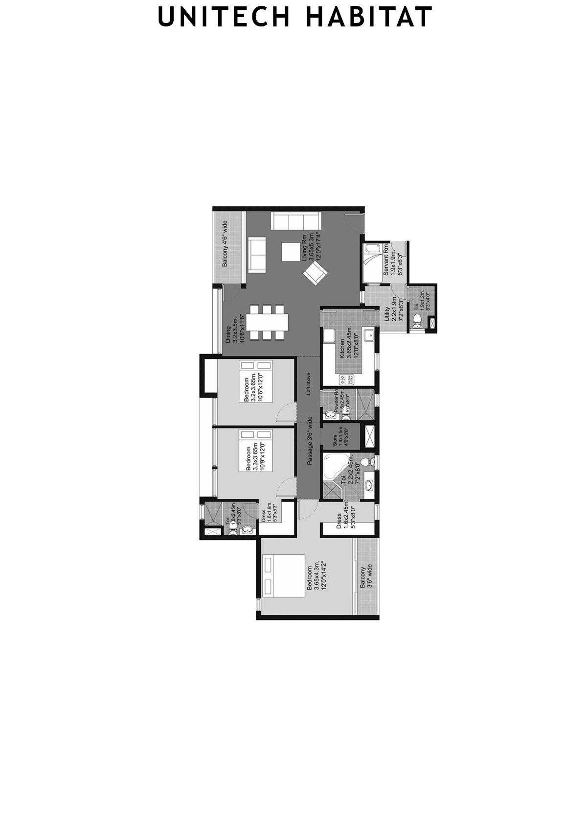 Unitech Habitat Tower 8 Unit 2 (Type 3B) Floor Plan