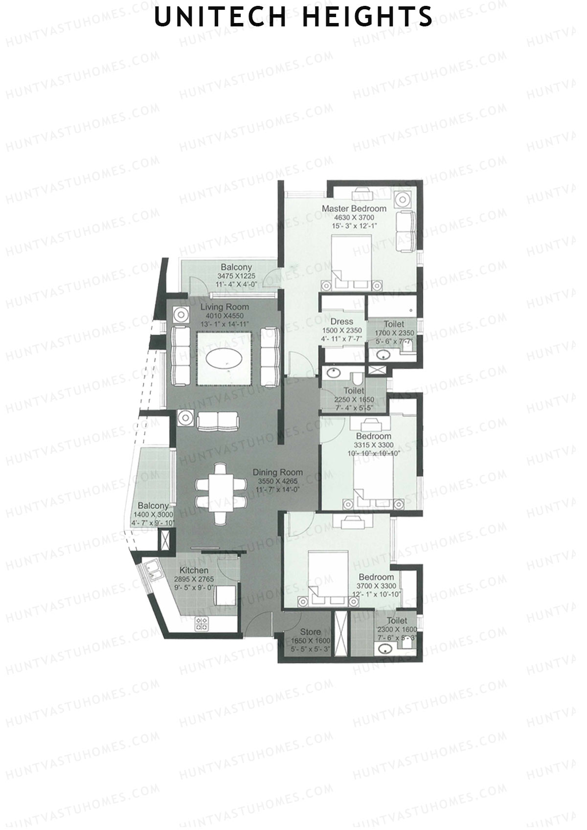 Unitech Heights Tower T2 Unit 3 (Type B1) Floor Plan
