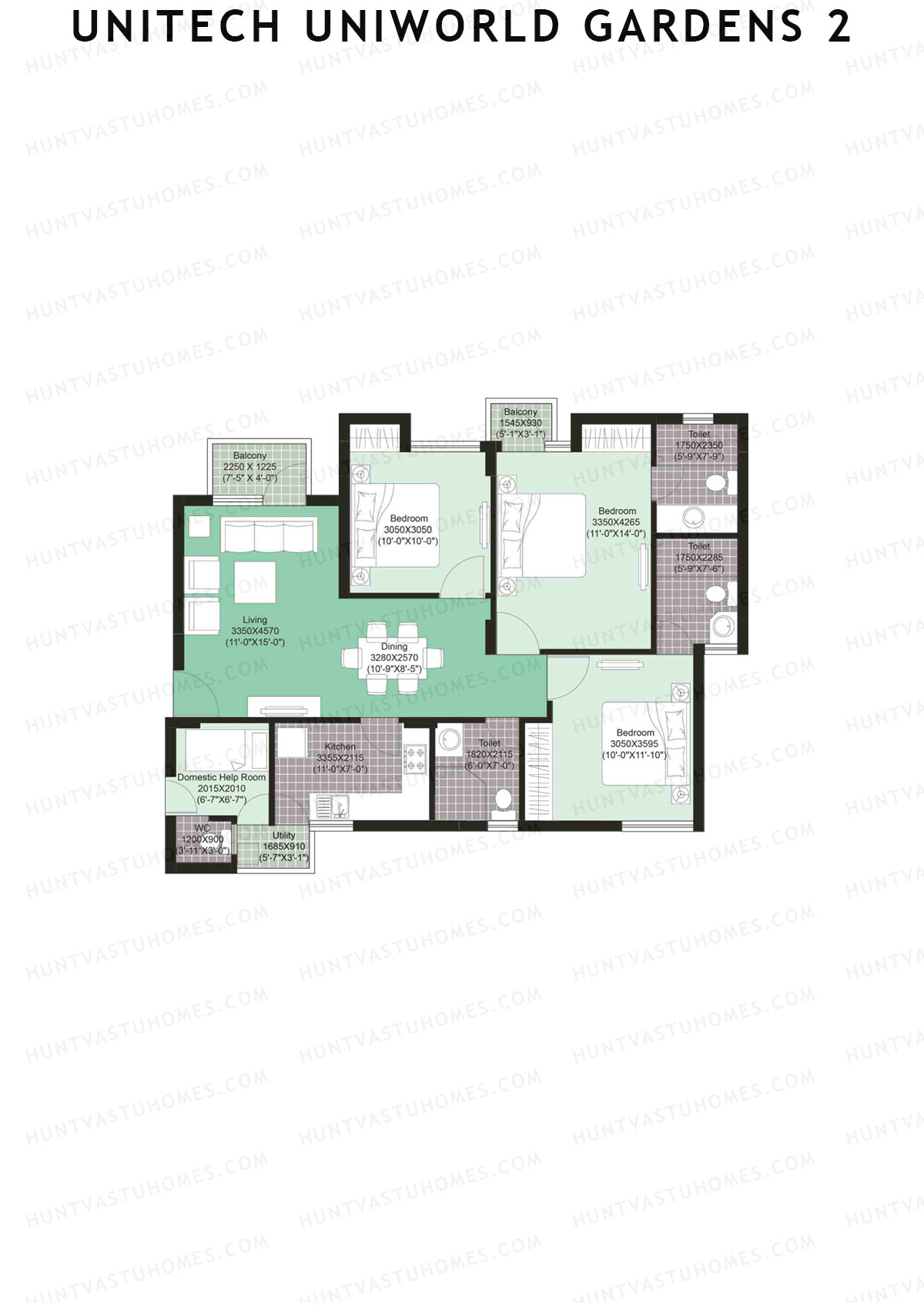 Unitech Uniworld Gardens 2 Tower A2 Unit 2 (Type X1) Floor Plan