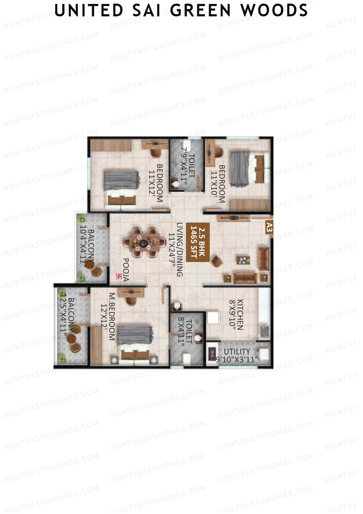 United Sai Green Woods Wing A Unit 3 Floor Plan