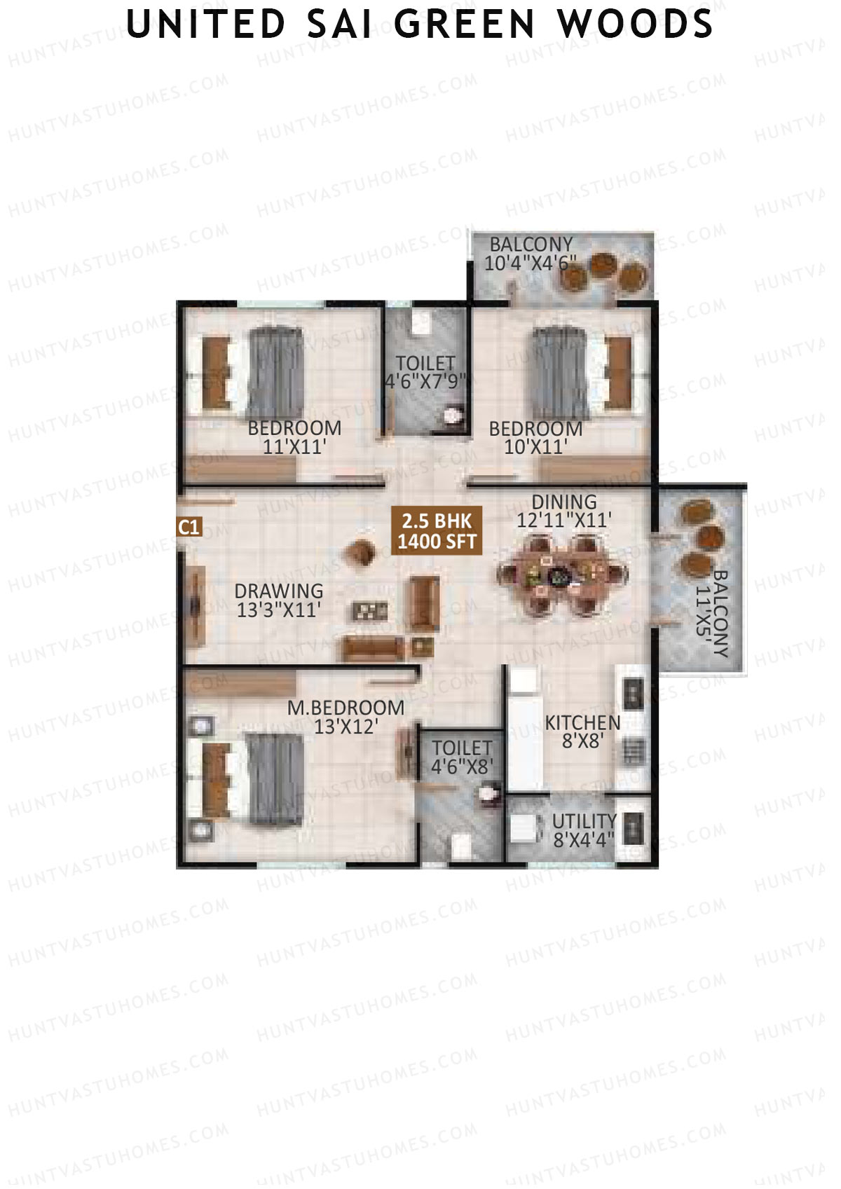 United Sai Green Woods Wing C Unit 1 Floor Plan